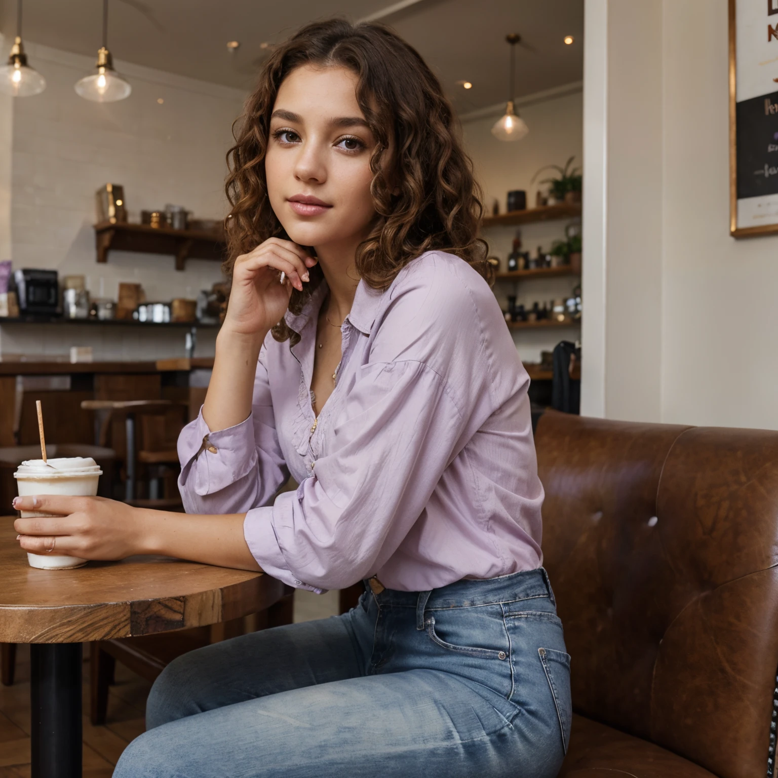 A woman with curly hair and light brown eyes wearing a lilac blouse and jeans sitting in a cafe