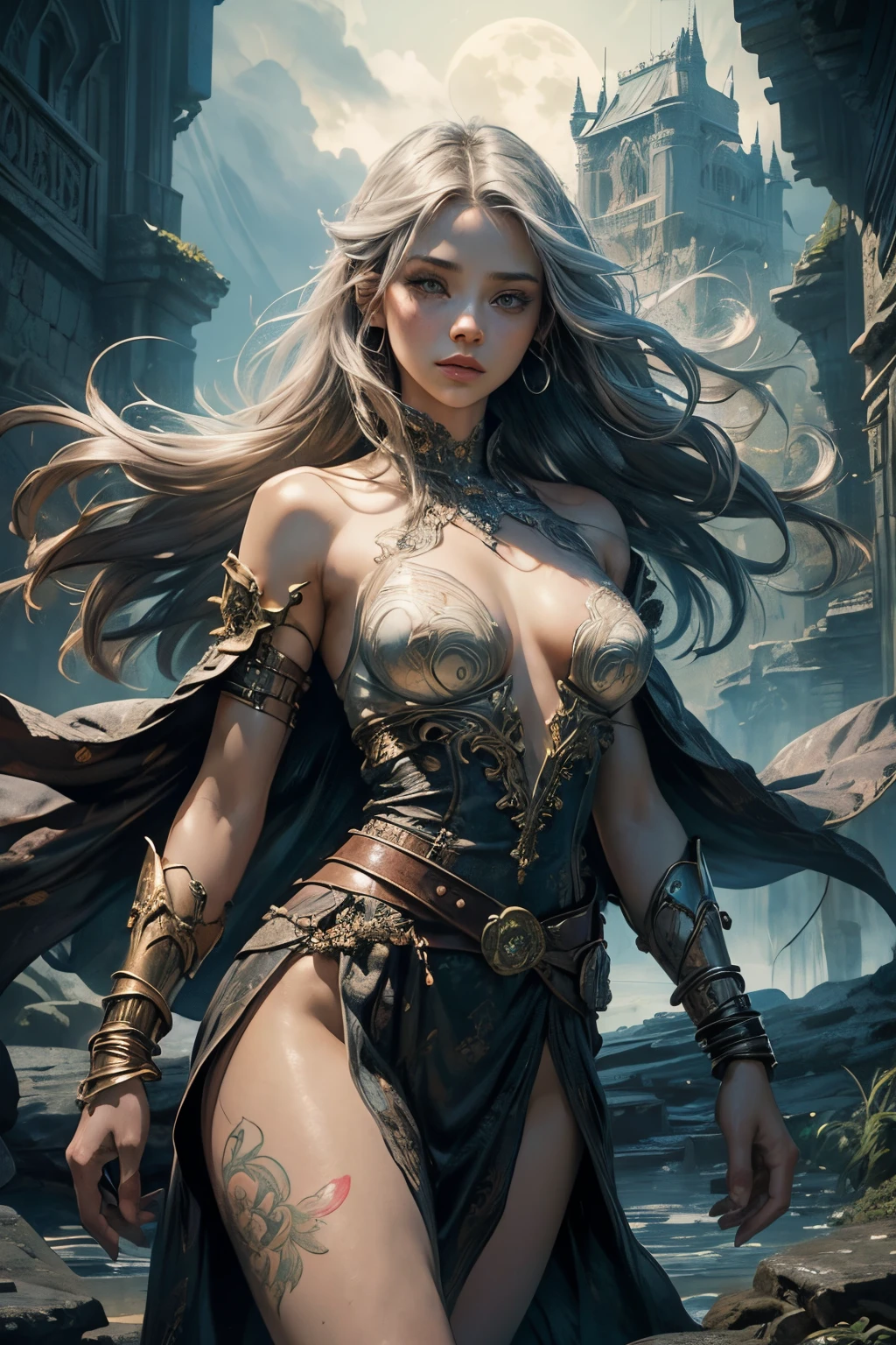 front view, (masterpiece), best quality, expressive eyes, perfect face, warrior woman, sword in left hand, half naked, steel bracelet, silver bracelet, bronze belt, exposed breasts, beautiful vagina, vagina with small soft hairs , woman with very long hair moved by the wind, night light, cloudy sky, dark clouds with lightning, mountain, castle embedded in the mountain rock, waterfall coming out of the castle, beautiful warrior goddess, fantasy, fog, skin wet with sweat, blushing and panting face, provocative look, sexy pose, full female body, oriental mandala tattoos, transparent dresses, skin wet with water, stormy sky, red storm clouds, floating antique clock, beautiful girl with a slight smile, waterfall, lamp, flashlight, no panties, mandala and flower tattoos on naked body, majestic, sense of depth, expressive eyes, perfect face, 8k, (Woman: 1.5), elegant and flexible (athletic build: 1.5), Emerald Eyes (Vibrant: 1.5), Brown Hair (Vibrant: 1.5), UHD, HDR, Cinematic Image, Intricate Details, Ultra Realism, Viridian Tones, Dystopian Palace, Luxurious Atmosphere, Ultra Detailed, Stunning Image, IMAX, Cinematic, Award-winning photography, complex, low aperture (F1.2), dramatic. lighting, cinematographic composition, professional, eroticism, medieval castle embedded in the mountain, night sky, full moon, 1 girl, 18 years old, (legs open), pink lips, well lit, pretty and aesthetic: 1,2), ( 1 girl), extremely detailed, (fractal art: 1.3), colorful, most detailed, beautiful goddess, Caucasian girl with shiny silver hair, full female body, viridian toned colors, metallic colors, enamel colors, long white hair, art style wlop, sakimichan art style, NSFW, run and dodge, fighting pose, beautiful woman warrior in combat, front view, girl seen from the front