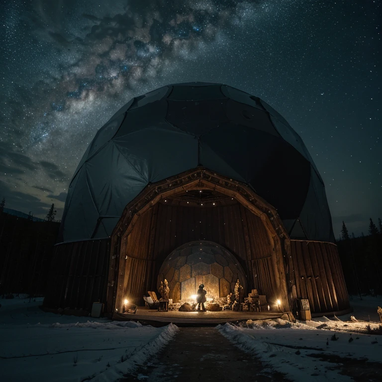 A big geodome. Inside the big geodome is a goddess with wings riding on the back of 1 big grizzly bear running. They are surrounded by stars