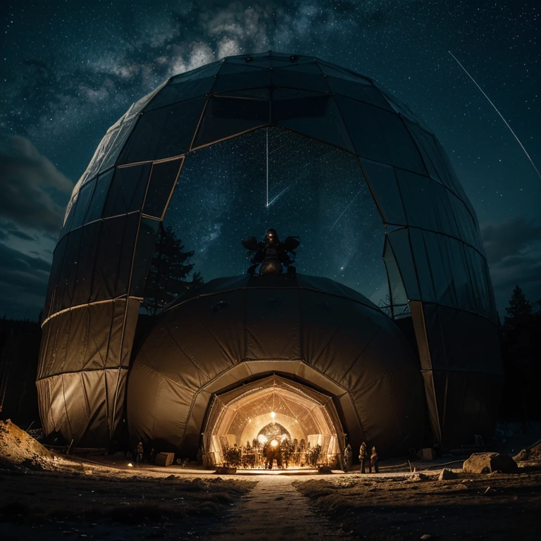 A big geodome. Inside the big geodome is a goddess with wings riding on the back of 1 big grizzly bear running. They are surrounded by stars
