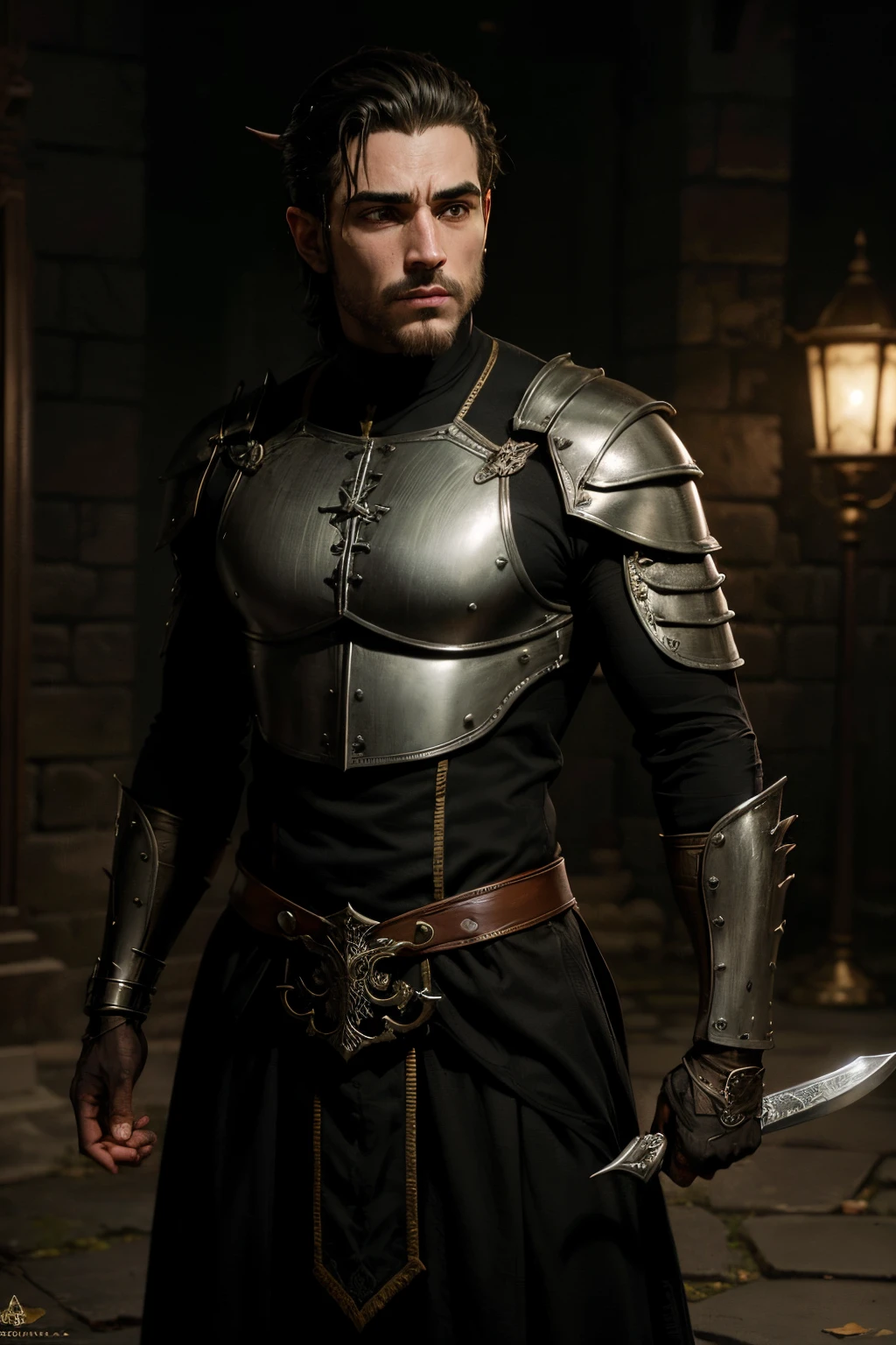 um homem de moletom com capuz sentado em um poste de luz com uma espada, assassino masculino, assassino masculino bonito, guerreiro das trevas, arte de estilo fantasia escura, Tiefling desonestos, thief warrior, guerreiro da fantasia, vestido com armadura furtiva, macho guerreiro, Alvorada CGoreatation, devianart e cgsociety, armadura escura, Homem guerreiro vampiro