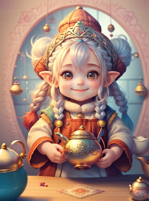 (cute baby girl gnome with braids hair and red hat smiling with a beautiful tea pot) Munchkin ,Geometric multidimensional wall portrait, livro de arte, Tchibi,
Yang08k, Beautiful, Colouring,
Obras, of the highest quality, best quality, Arte Oficial, Beautiful and Aesthetic,