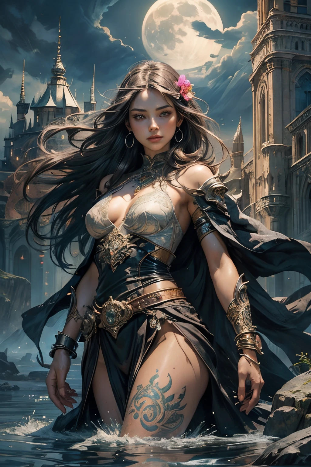 front view, (masterpiece), best quality, expressive eyes, perfect face, warrior woman, sword in left hand, half naked, steel bracelet, silver bracelet, bronze belt, exposed breasts, beautiful vagina, vagina with small soft hairs , woman with very long hair moved by the wind, night light, cloudy sky, dark clouds with lightning, mountain, castle embedded in the mountain rock, waterfall coming out of the castle, beautiful warrior goddess, fantasy, fog, skin wet with sweat, blushing and panting face, provocative look, sexy pose, full female body, oriental mandala tattoos, transparent dresses, skin wet with water, stormy sky, red storm clouds, floating antique clock, beautiful girl with a slight smile, waterfall, lamp, flashlight, no panties, mandala and flower tattoos on naked body, majestic, sense of depth, expressive eyes, perfect face, 8k, (Woman: 1.5), elegant and flexible (athletic build: 1.5), Emerald Eyes (Vibrant: 1.5), Brown Hair (Vibrant: 1.5), UHD, HDR, Cinematic Image, Intricate Details, Ultra Realism, Viridian Tones, Dystopian Palace, Luxurious Atmosphere, Ultra Detailed, Stunning Image, IMAX, Cinematic, Award-winning photography, complex, low aperture (F1.2), dramatic. lighting, cinematographic composition, professional, eroticism, medieval castle embedded in the mountain, night sky, full moon, 1 girl, 18 years old, (legs open), pink lips, well lit, pretty and aesthetic: 1,2), ( 1 girl), extremely detailed, (fractal art: 1.3), colorful, most detailed, beautiful goddess, Caucasian girl with shiny silver hair, full female body, viridian toned colors, metallic colors, enamel colors, long white hair, art style wlop, sakimichan art style, NSFW, run and dodge, fighting pose, beautiful woman warrior in combat, front view, girl seen from the front