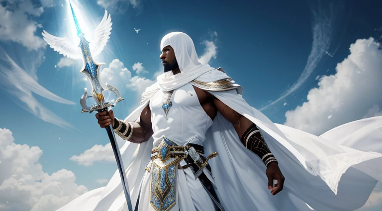 A full body Black male african deity, bald, muscle, Entire body dressed in light fabric of white color, Veil of white very shinny light covering his face, holding a brilliant white sword in right hand, With a white dove resting on his left arm, levitating in a cloudy sky over the world, shinny light covering his face