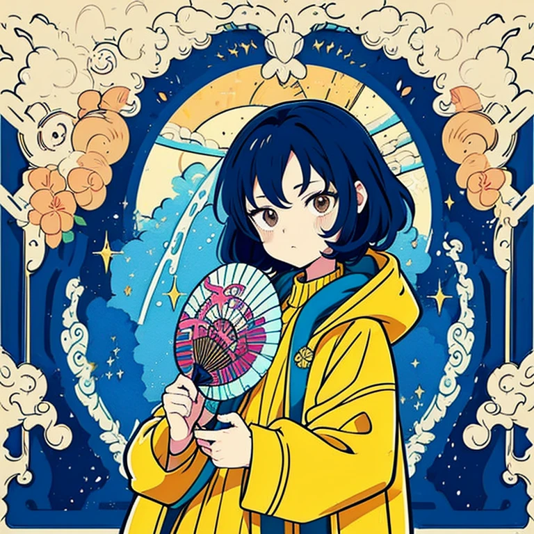 Coraline fan art stickers, Stickers, adorable, lovely, girl with dark-blue hair and yellow raincoat, light-brown eyes, whimsical, flat vector art, cute, fantasy art, watercolor effect, Adobe Illustrator, digital painting, modern aesthetic, character-focused, 4K resolution, photorealistic rendering, fan art, anime art style