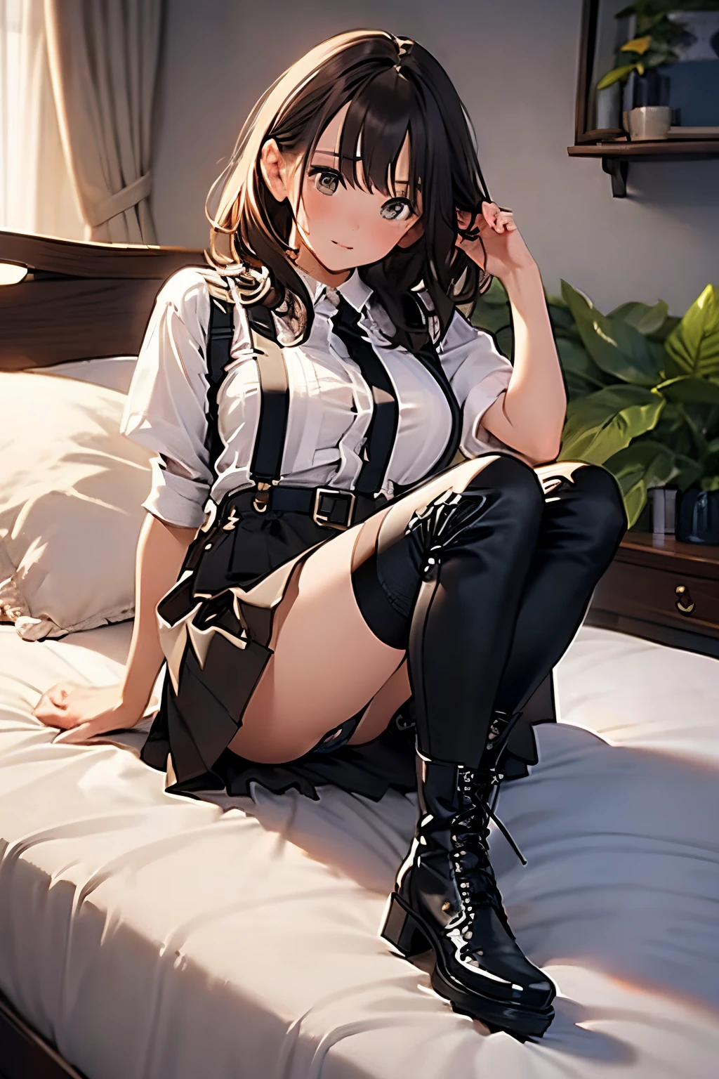 Brown hair、watching at viewers　　　black suspenders　　　Bulging big breasts　　 　 　　　walls: 　Black miniskirt　garters　　　　　　Gaze　　　Small face　bangss 　　　holster　　　Beautuful Women　　hands up　　Leg holster lying on the bed　　Gaze 　black boots upskirt comb