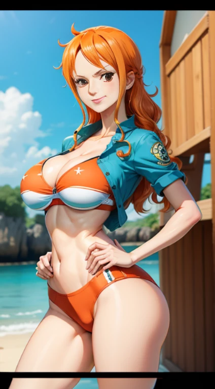 Gere uma imagem realista no estilo anime de Nami de One Piece. Capture your distinctive look with orange hair, uma camisa listrada azul e branca, and a joyful expression. Certifique-se de que a imagem reflete sua personalidade aventureira e confiante como retratada no anime., corpo inteiro, tiro largo , NSFW, Curvilinear athletic body, fundo da ilha,Bra top, saia