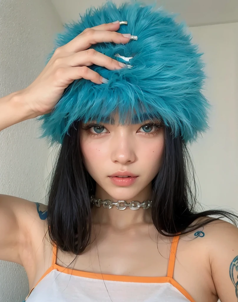 Mujer arafed con un gorro de pelo azul y un estrangulador., pelaje azul, con pelaje azul y ojos azules, Usando gorro verde azulado, Cabello liso azul cielo, con una gargantilla y un lindo sombrero, Sha Xi, E - Chica, e-chica, ulzzang, flequillo esponjoso, turquesa, con ropa verde azulado, con pelo largo turquesa, cara azul turquesa, cerceta