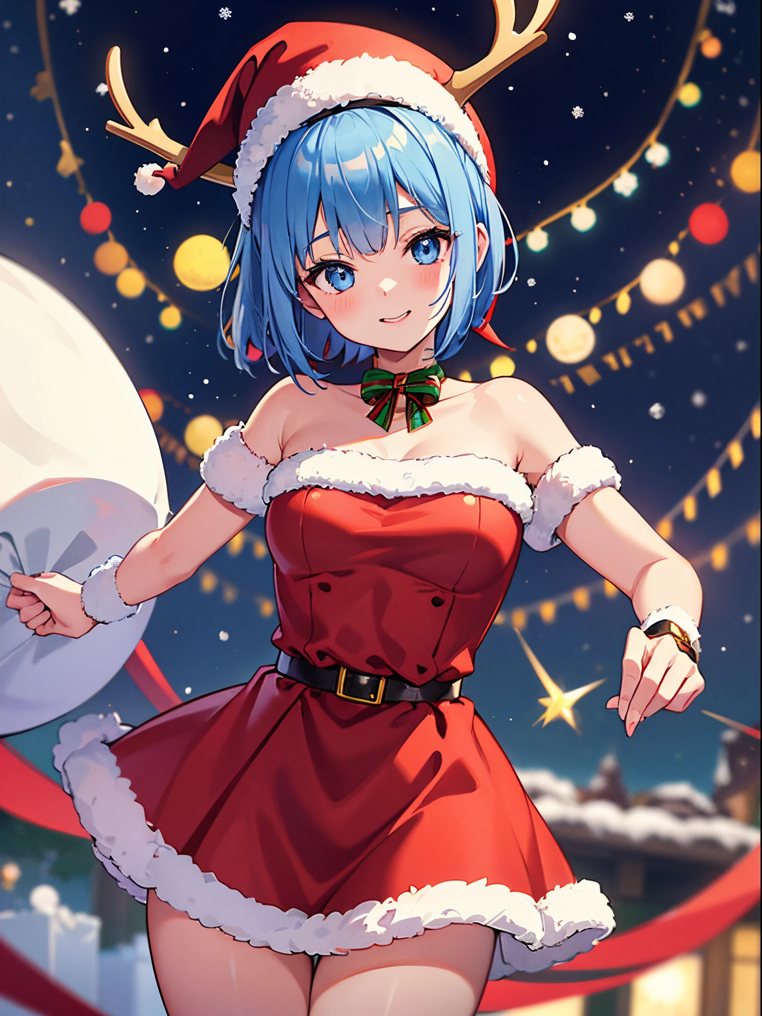 17 year old girl, Santa Claus Costume、Dark blue short hair、white hairband、big round blue eyes、A slight smil、Laugh、small tits、Cute reindeer，wearing a red santa hat，horse hoof on the snow，Please bring a gift bag，bring joy and gifts to children。