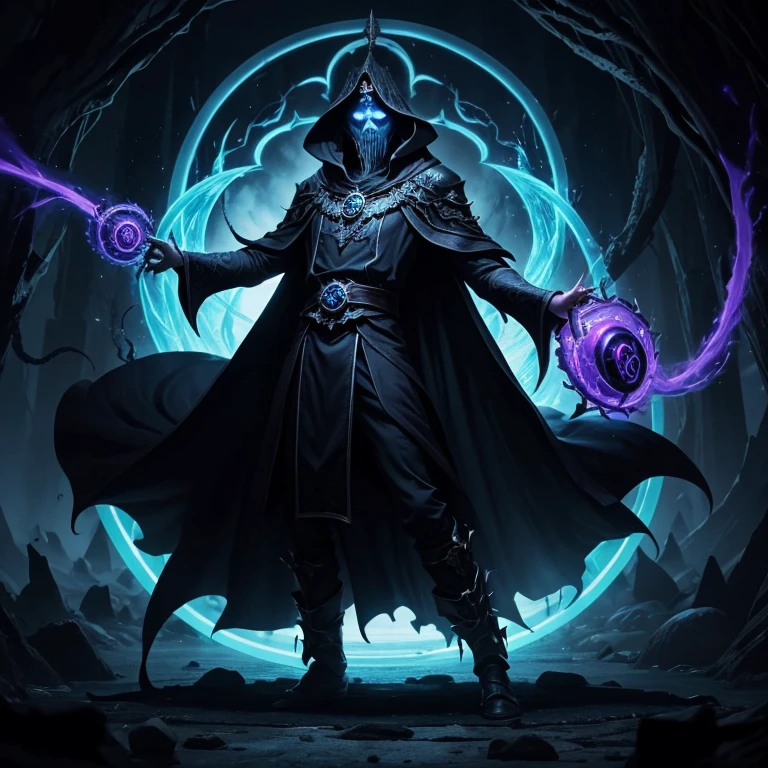 An immortal lich stands fearsome and terrifying in his sanctum dressed in regal dark colored archmage robes while large black tentacles reach through the swirling portal of energy behind him