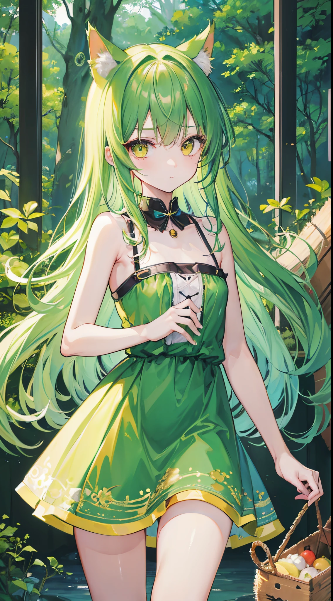 (8K、Top image quality、top-quality、​masterpiece)、1 loli、Green hair、Long、Cat's ears、Yellow eyes、glares、Smaller chest、green tight dress、sleeveless、a miniskirt、cowboy  shot、forested background