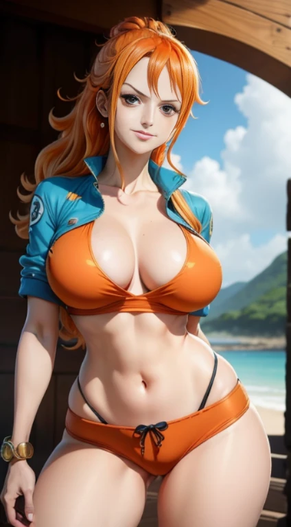 Gere uma imagem realista no estilo anime de Nami de One Piece. Capture your distinctive look with orange hair, uma camisa listrada azul e branca, and a joyful expression. Certifique-se de que a imagem reflete sua personalidade aventureira e confiante como retratada no anime., corpo inteiro, tiro largo , NSFW, Curvilinear athletic body, fundo da ilha,Bra top, saia, rosto detalhado, boca detalhado, nariz detalhado, olhos detalhado