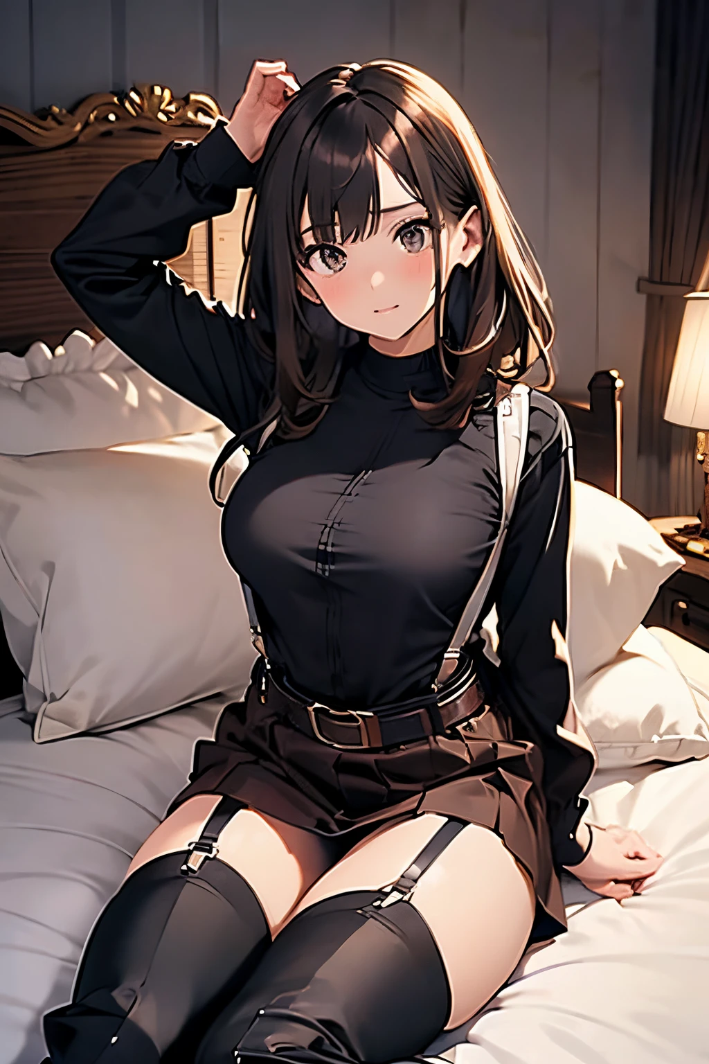 Brown hair、watching at viewers　　　black suspenders　　　Bulging big breasts　　 　 　　　walls: 　Black miniskirt　garters　　　　　　Gaze　　　Small face　bangss 　　　holster　　Belt Armament　Beautuful Women　srestrained　hands up　Lying in bed　Leg holster lying on the bed　　Gaze 　black boots upskirt tank top