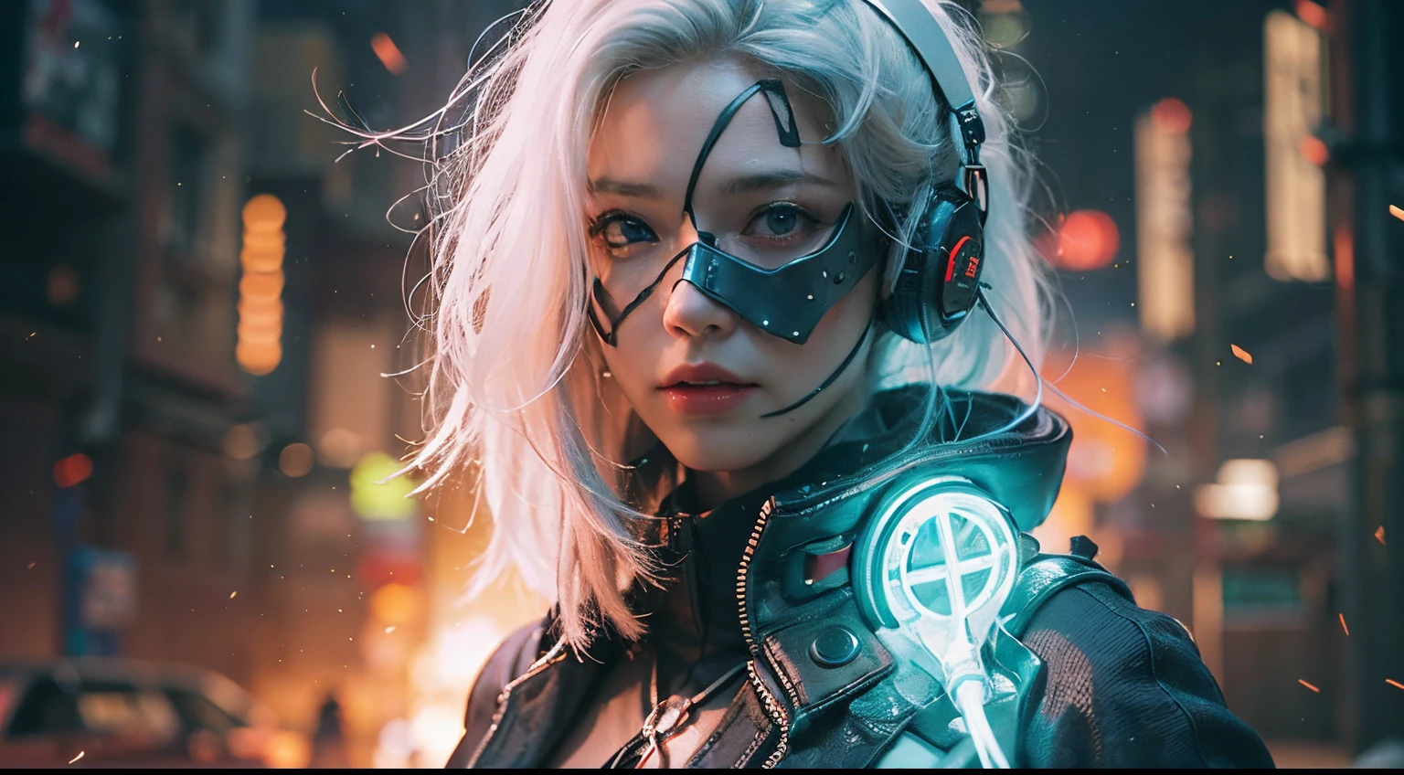 ((Realistisch, best quality, Meisterwerk: 1.3)), white hair, beautiful cyberpunk woman, neon lights, movieposter, cinematic view, face to viewer, human robot, cyberpunk mask, inferno, fire, sparks, smoke, upper body, dark, apokalypse, hell, explosions,