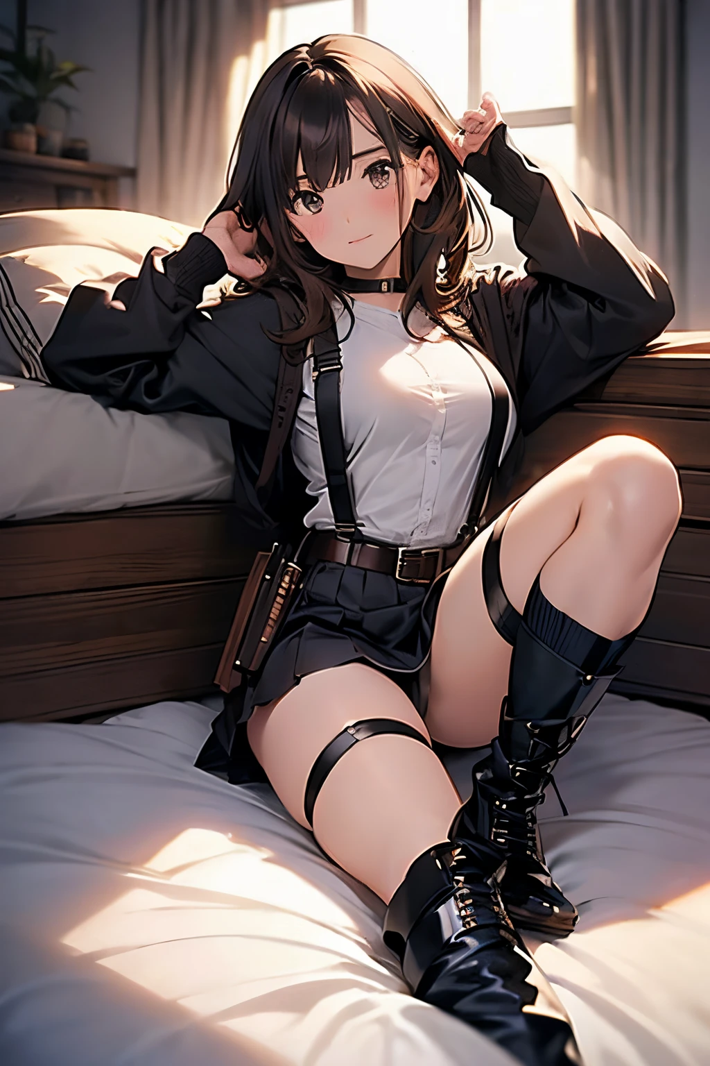 Brown hair、watching at viewers black suspenders Bulging big breasts walls: Black miniskirt garters Gaze Small face bangss holster Belt Armament Beautuful Women srestrained hands up Lying in bed Leg holster lying on the bed Gaze black boots panty shot