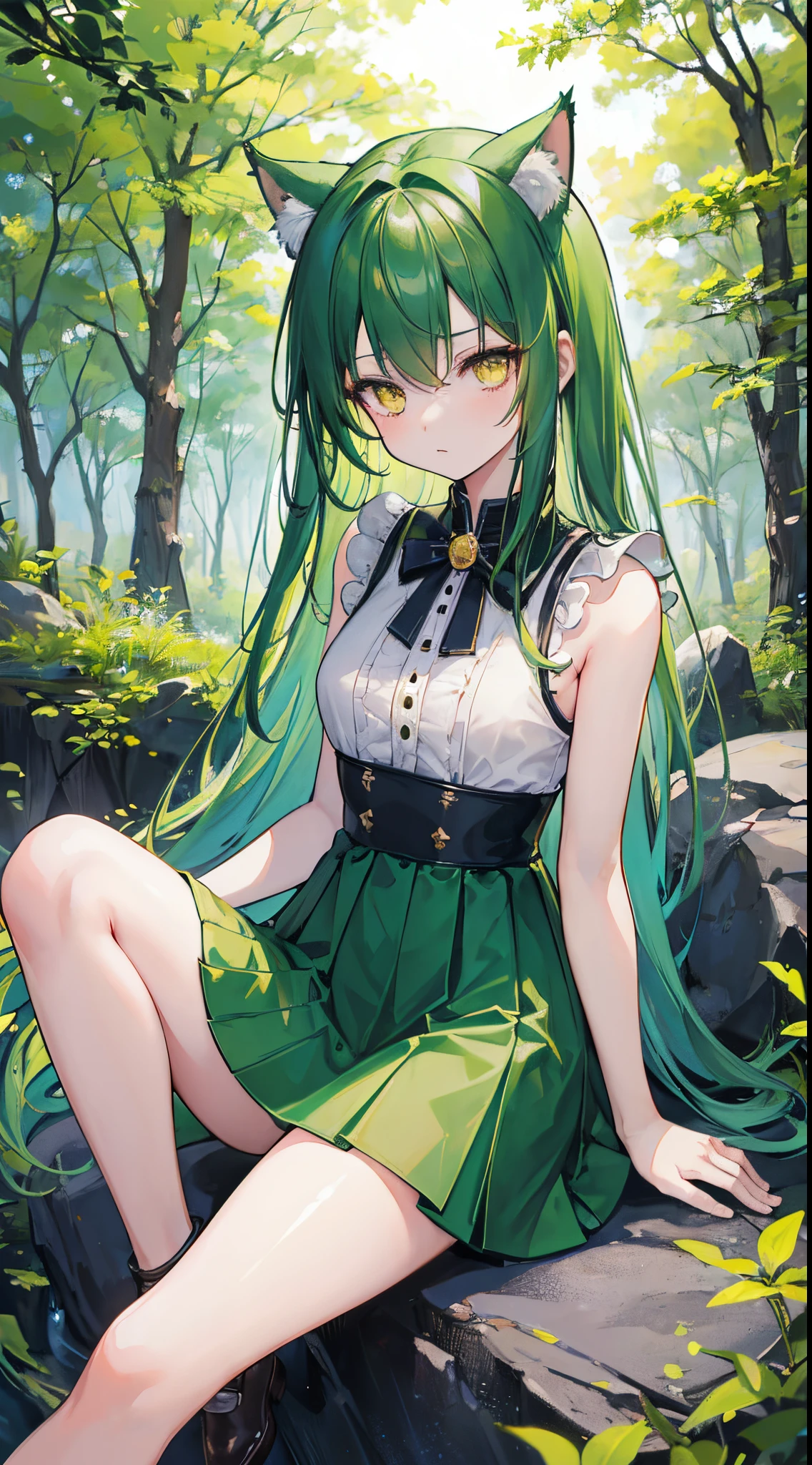 (8K、Top image quality、top-quality、​masterpiece)、1 loli、Green hair、Long、Cat's ears、Yellow eyes、glares、Smaller chest、dark green tight dress、sleeveless、a miniskirt、((moss green panties))、Taken from below、cowboy  shot、forested background