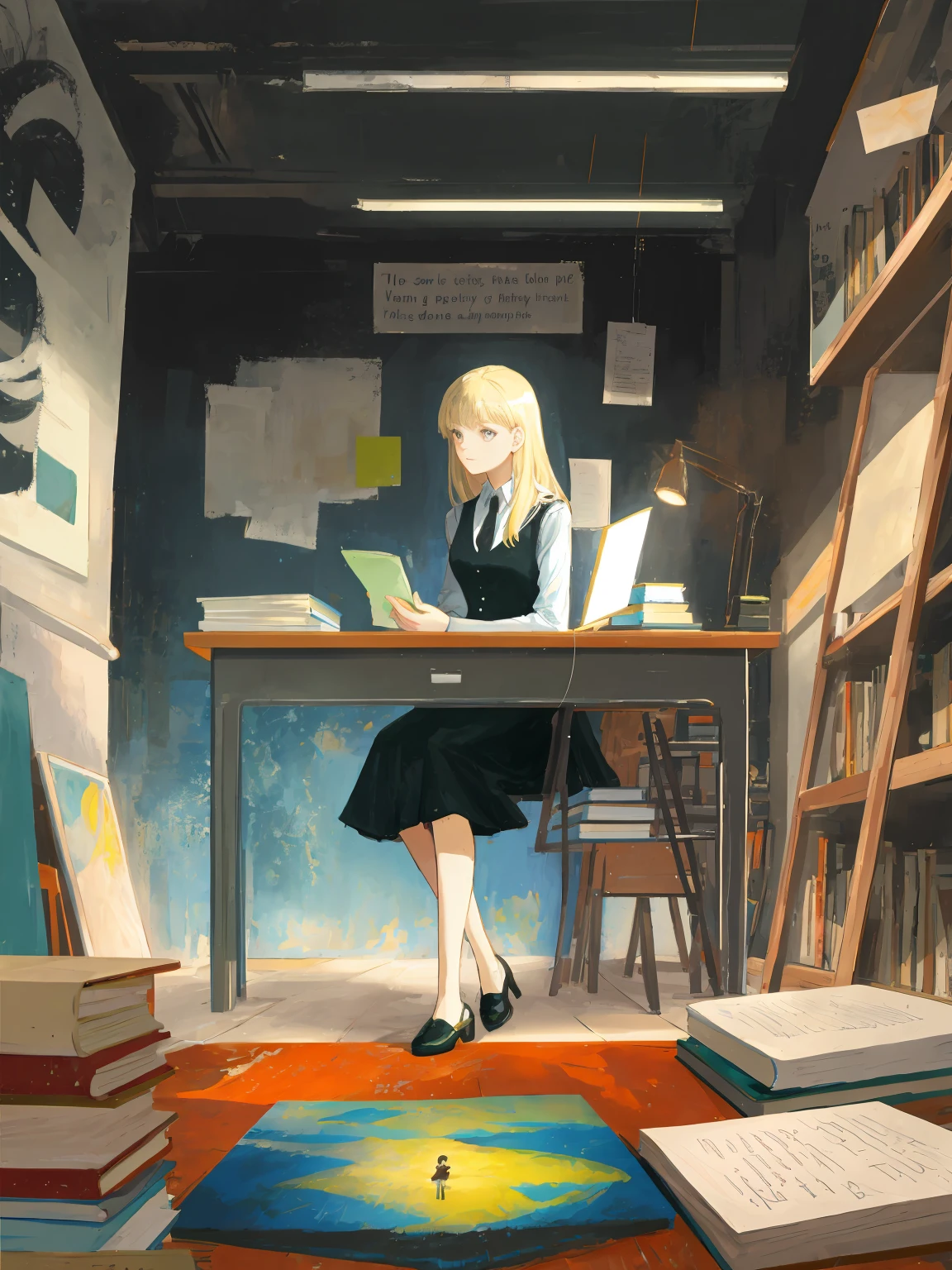 a modern woman sitting at a desk in front of books with big painting