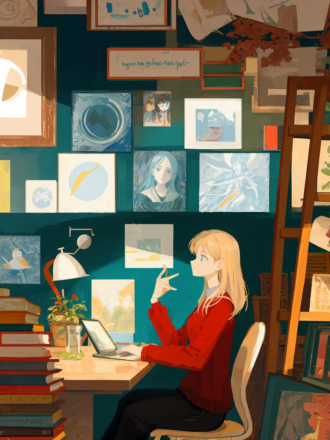 a modern woman sitting at a desk in front of books with big painting