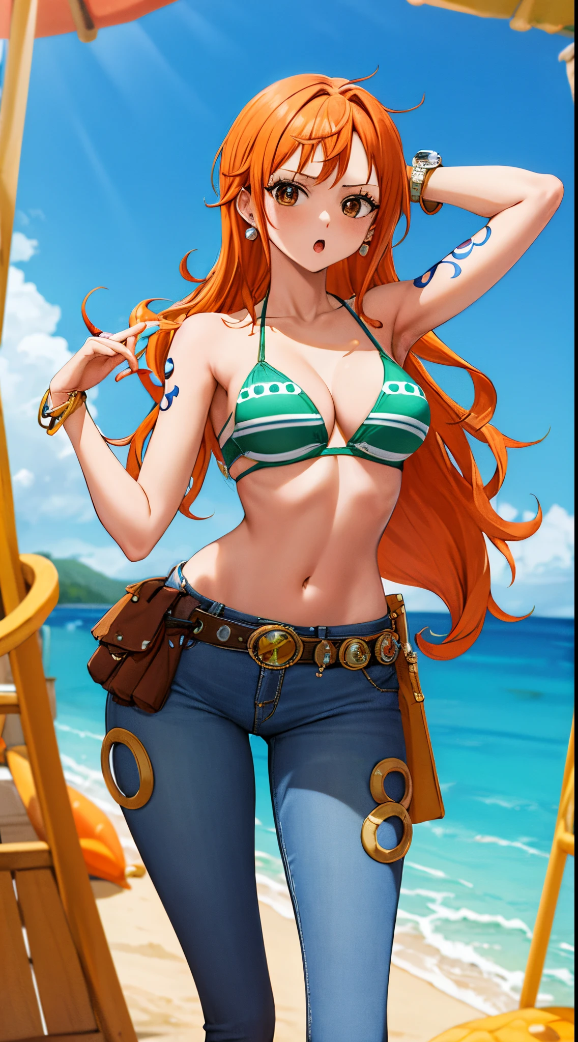 masterpiece, best quality, highres, nami (one piece), long hair, orange hair, brown eyes, earrings, bare shoulders, shoulder tattoo, cleavage, bikini top only, striped bikini, green bikini, bracelet, midriff, belt, jeans, denim, from behind, :o, standing, outdoors, ocean. on back,