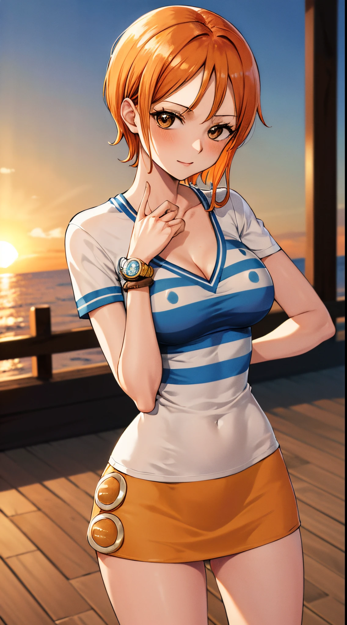 masterpiece, best quality, highres, nami (one piece), short hair, orange hair, brown eyes, cleavage, striped shirt, white shirt, short sleeves, bracelet, miniskirt, yellow skirt, sunset, standing
