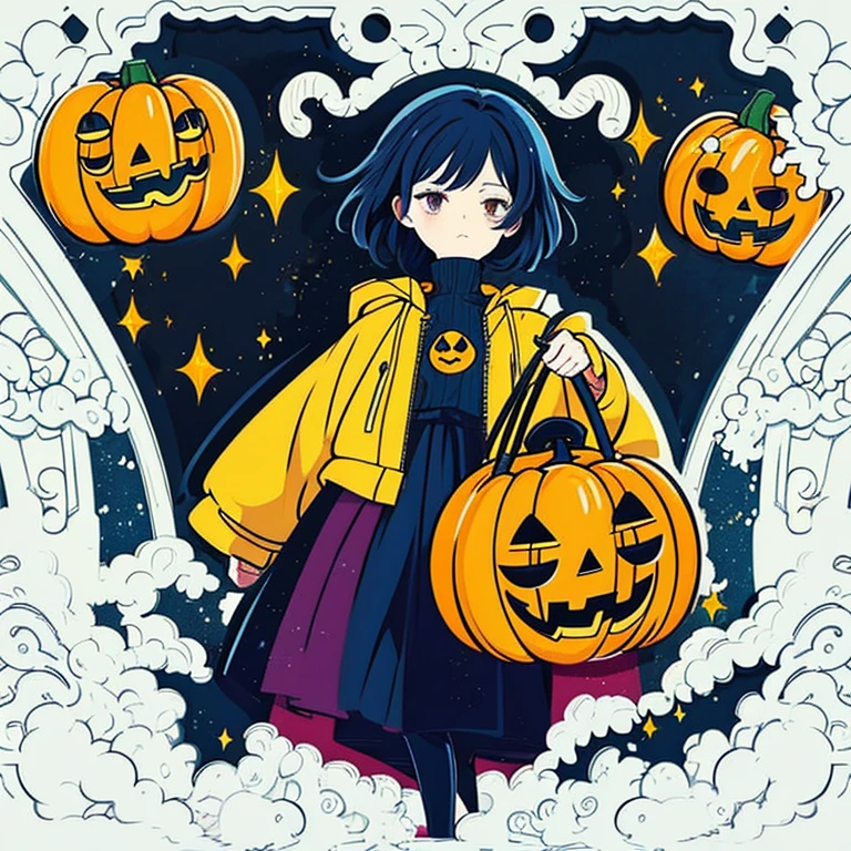 Coraline fan art stickers, Stickers, adorable, lovely, girl with dark-blue hair and yellow raincoat, light-brown eyes, whimsical, flat vector art, cute, fantasy art, watercolor effect, Adobe Illustrator, digital painting, modern aesthetic, character-focused, 4K resolution, photorealistic rendering, fan art, anime art style, white background, Halloween art illustration, Halloween background, jack'o lantern, black cat, black bat