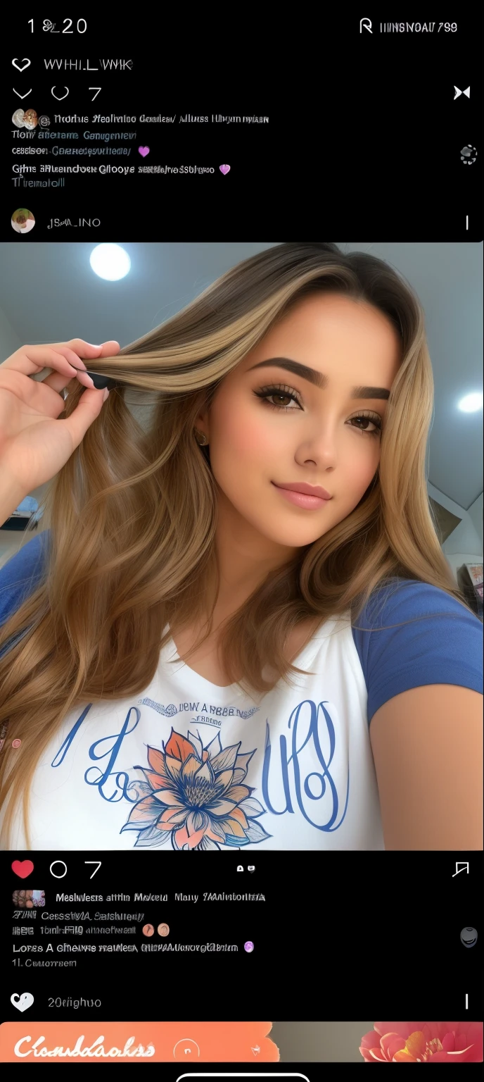 um close up de uma mulher com cabelo comprido e uma camiseta, morena com cabelos loiros tingidos, cabelos longos loiros escuros, cabelos longos ondulados castanhos claros, cabelos loiros escuros, cabelos longos, em um quarto, with several flower paintings,