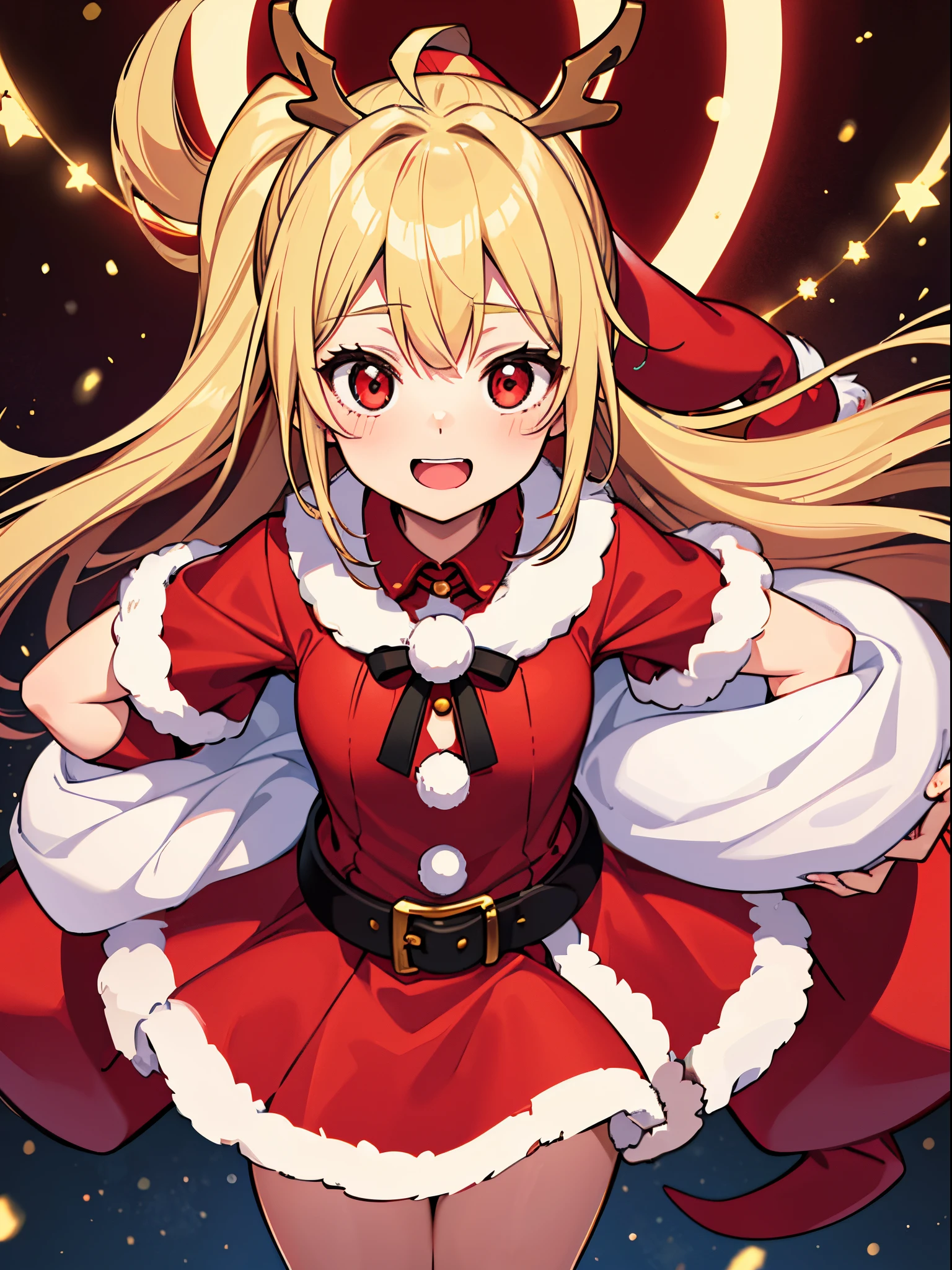 17 year old girl, Santa Claus Costume、Blonde ponytail、Ahoge、big round red eyes、A slight smil、Laugh、small tits、Cute reindeer，Wearing a red Santa hat，horse hoof on the snow，Please bring a gift bag，bring joy and gifts to children。
