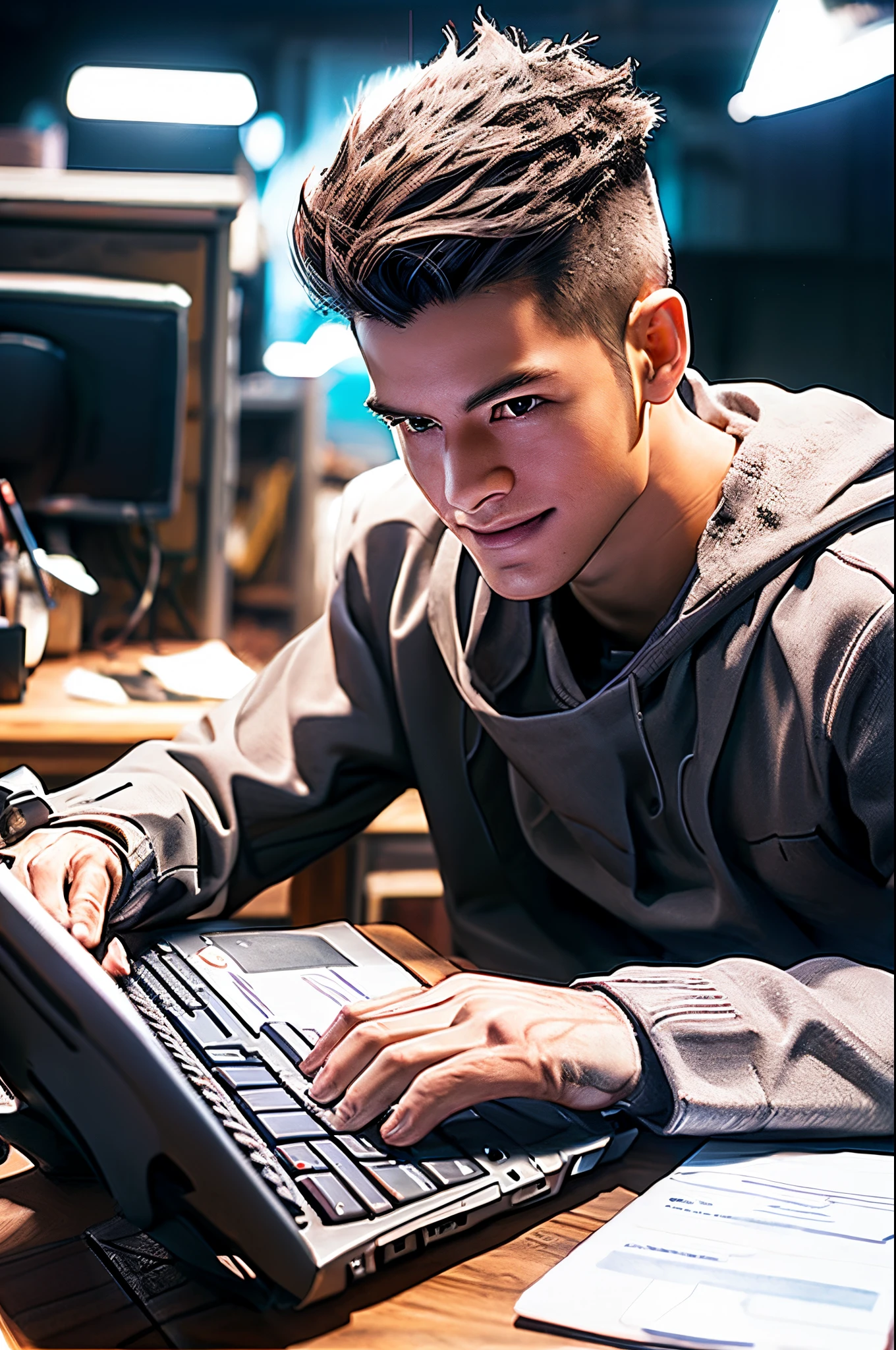 the guy smiles mysteriously, paper in hands, sits at the computer, It's working