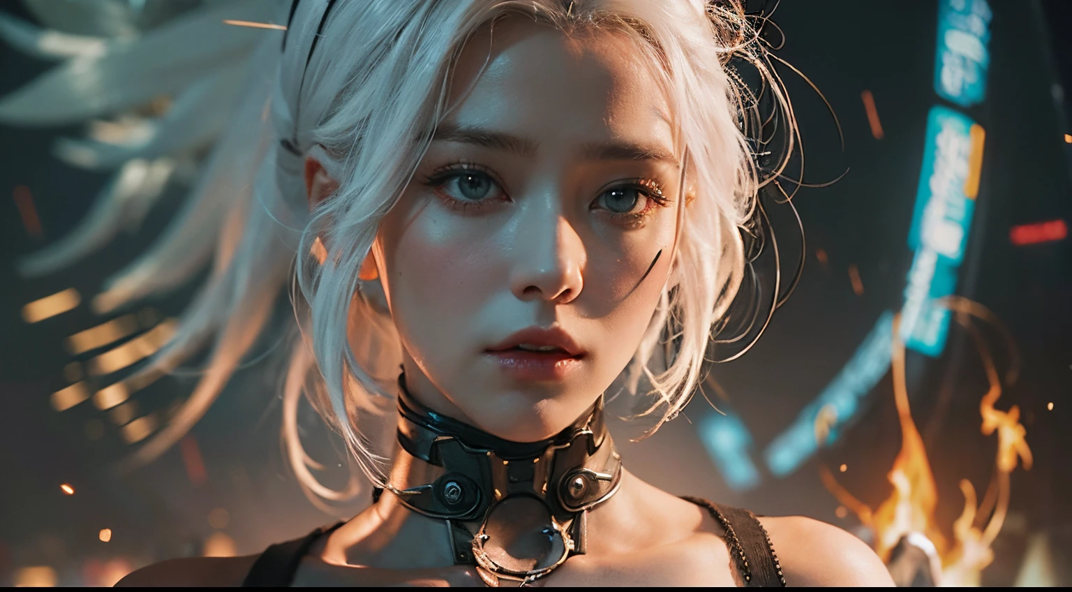 ((Realistisch, best quality, Meisterwerk: 1.3)), white hair, beautiful woman, neon lights, movieposter, cinematic view, face to viewer, human robot, cyberpunk mask, inferno, fire, sparks, smoke, upper body, dark, apokalypse, hell, explosions,