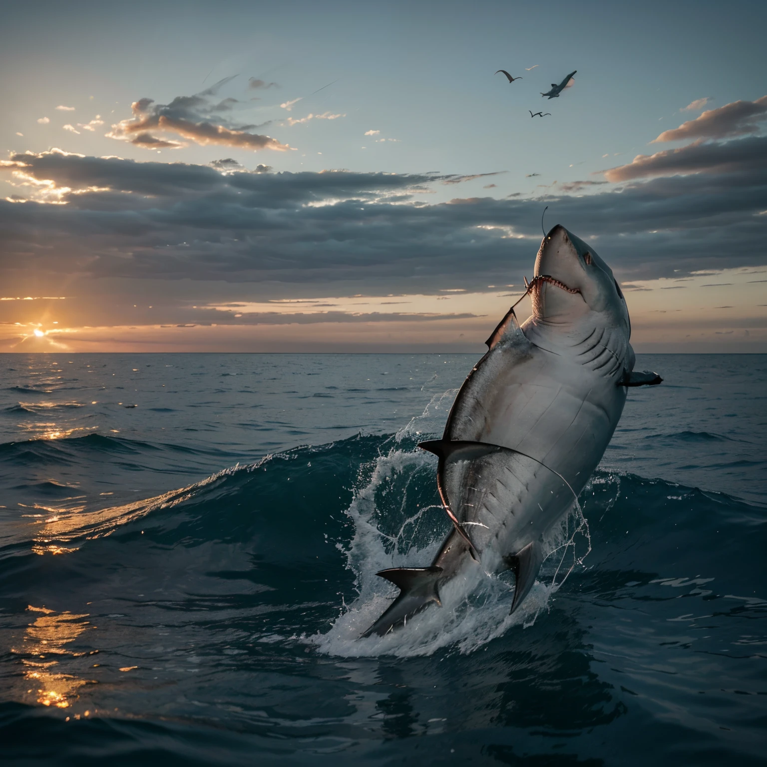 It shows a fisherman catching a shark with his rod. As the sun sets. And there are birds in the sky. When the shark comes out. It was a surprise. There is a shark-mouthed fish that was caught by the fisherman with 8D accuracy