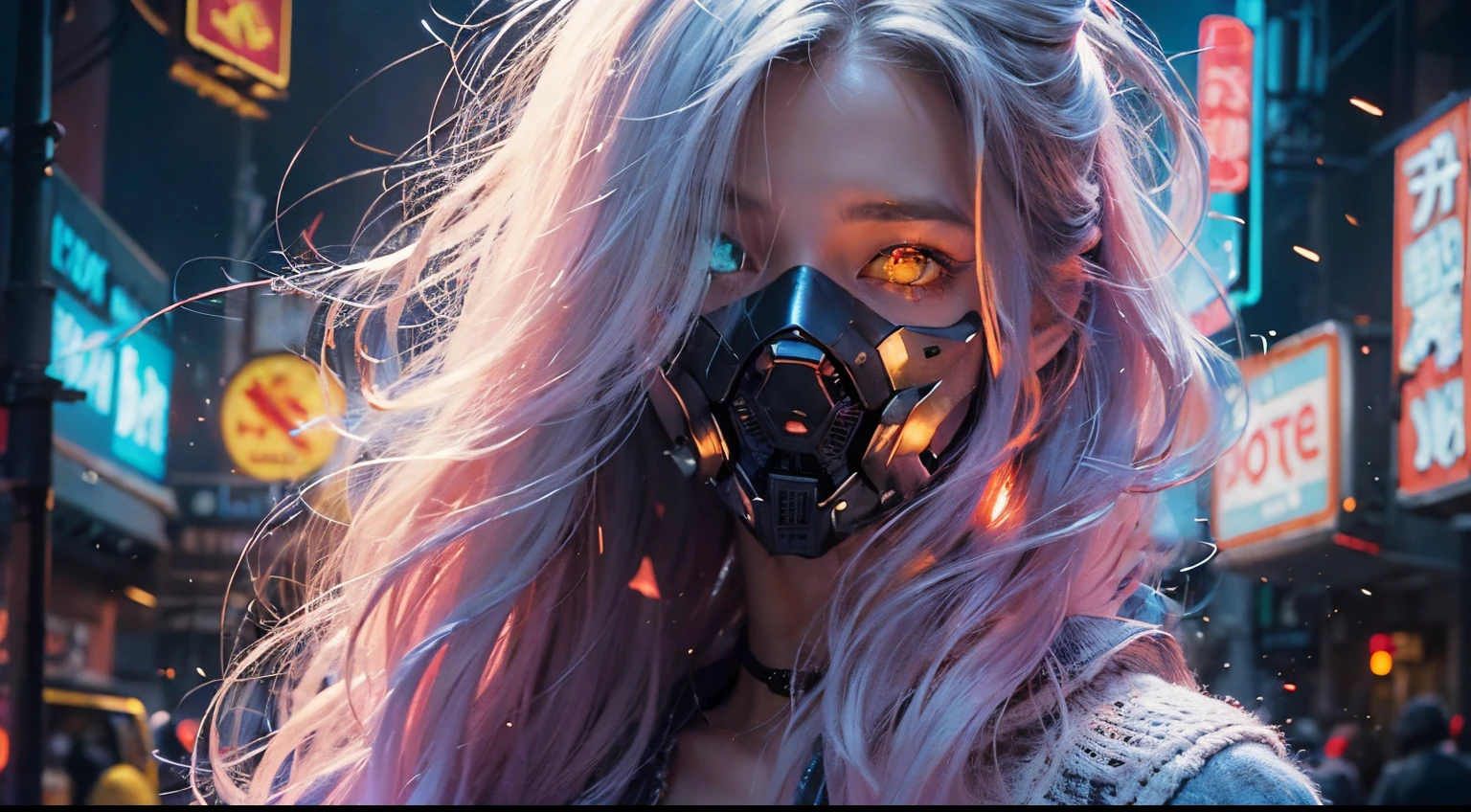((Realistisch, best quality, Meisterwerk: 1.3)), white long hair, beautiful woman, neon lights, movieposter, cinematic view, face to viewer, human robot, cyberpunk mask, inferno, fire, sparks, smoke, upper body, dark, apokalypse, hell, explosions,