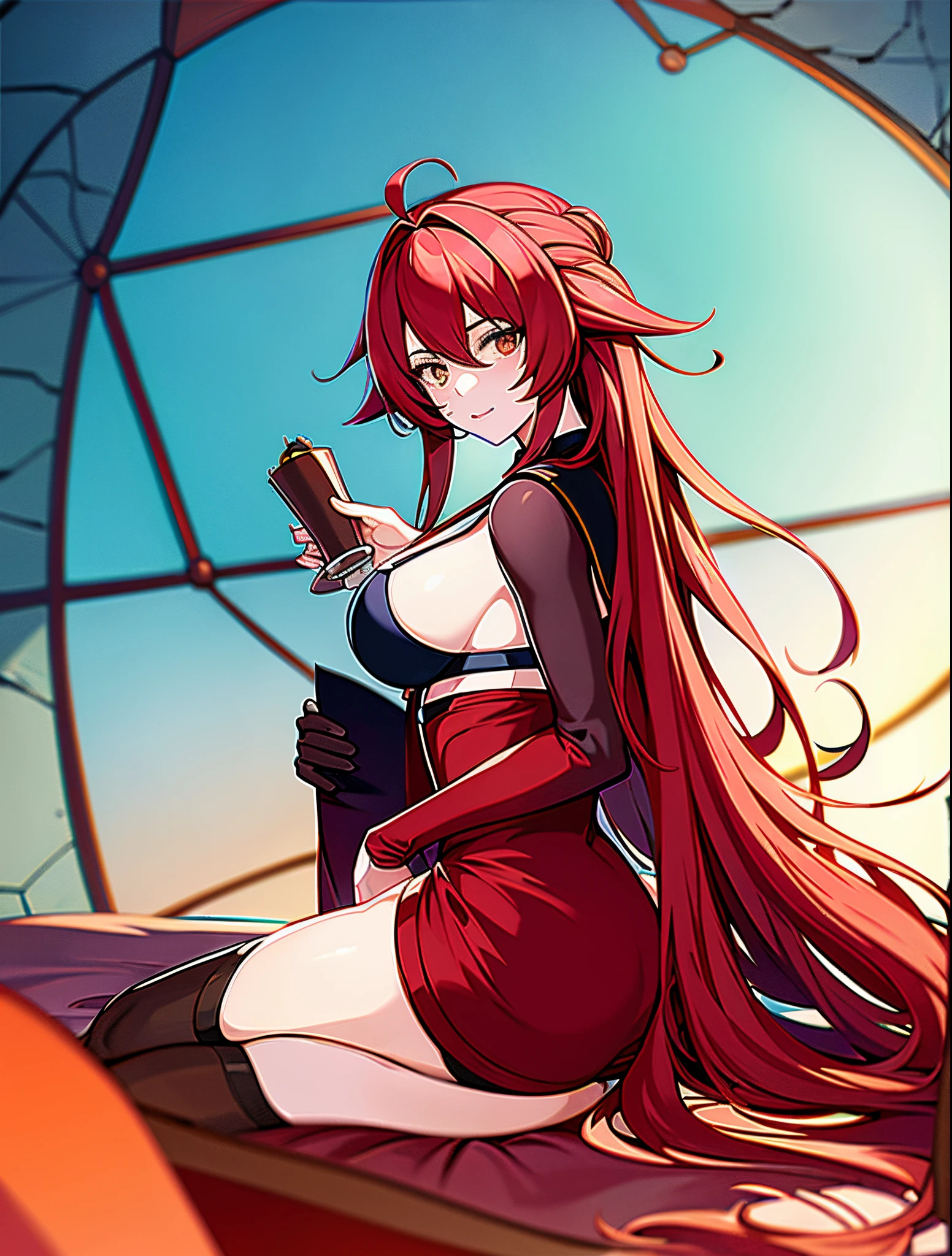 obra maestra, mejor calidad, highres, rias gremory, 1girl, pelo largo, pelo rojo, ahoge, ojos azules, pechos grandes, pelo muy largo, pechos, enorme ahoge, dormitorio, bikini