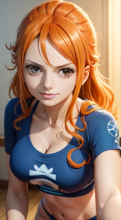 Gere uma imagem realista no estilo anime de Nami de One Piece. Pose de modelo, Capture your distinctive look with orange hair, uma camisa listrada azul e branca, and a joyful expression. Certifique-se de que a imagem reflete sua personalidade aventureira e confiante como retratada no anime., corpo inteiro, tiro largo , NSFW, Curvilinear athletic body, fundo da ilha,Bra top, saia, rosto detalhado, boca detalhado, nariz detalhado, olhos ultra detalhado
