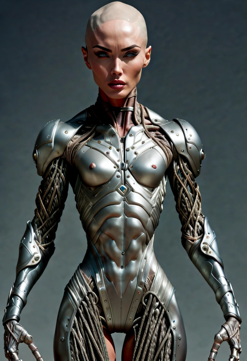 (beautiful muscular female cyborg:1.25), (megan-fox:1.5), (full body pose), (metallic muscular armor:1.5), (no hair), (bald head covered in cables:1.5), (robotic mechanical physique:1.5), (super muscular female cyborg:1.5), (covered in cables and mechanical muscles:1.5), (android muscular anatomy:1.5),  (perfect fingers:1.25),(8k, RAW photo, photorealistic:1.25), sci fi atmosphere, futuristic dystopia, alien landscape,