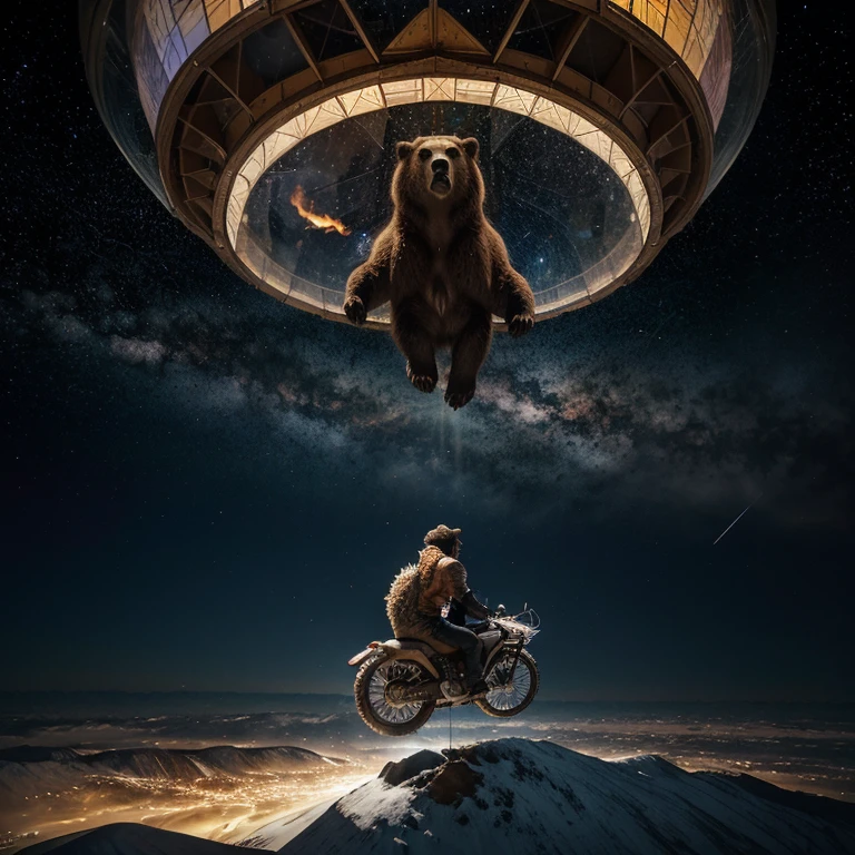 The picture is divided into four sections. In one section is a grizzly bear and the grizzly bear is being ridden by a winged goddess. In one section is a big geo dome. Outside of the geodome is a man breathing fire. One section has a woman doing tricks on the ariels. One section has the city of san miguel. They are all surrounded by stars.