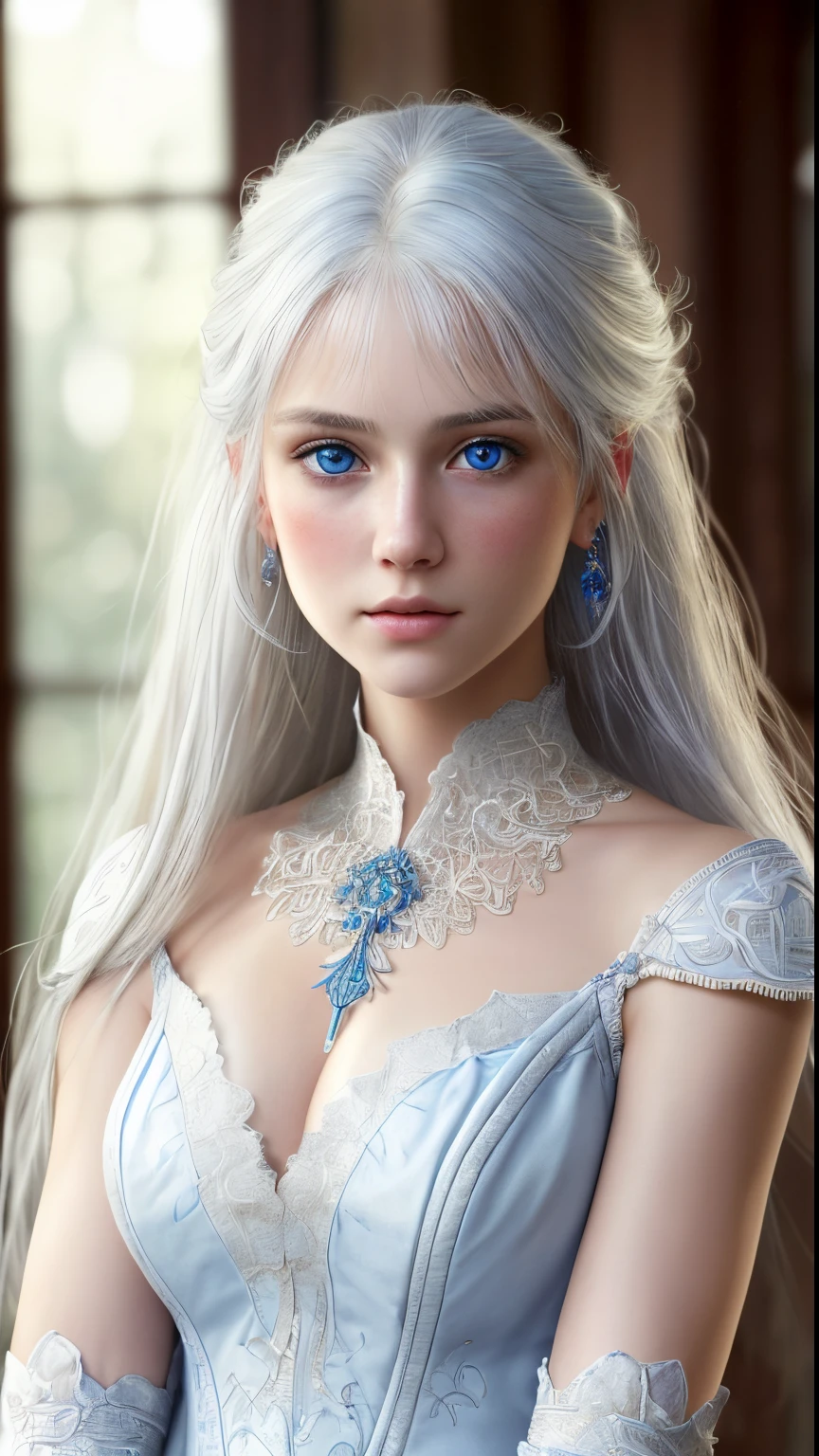 8k full body shot of beautiful white-haired 18 year old girl, (intricate, no clothes:1.2), intricate, beautifull face, elegant, highly detailed, digital hyperrealistic photography, hyperrealistic photography filigree, shyness, most beautyfull face, (masterpiece, sidelighting, (finely detailed beautifull blue eyes: 1.2)),