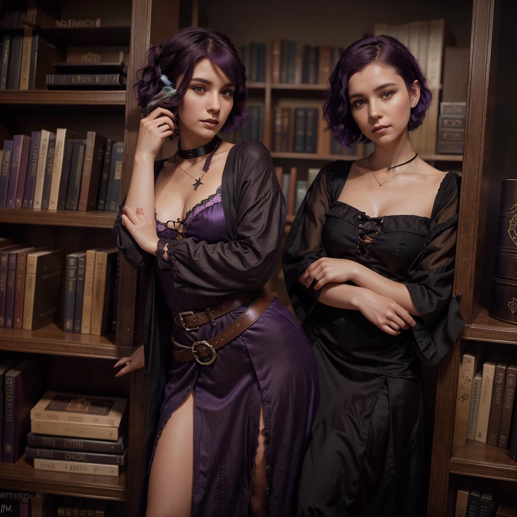 there a woman with short purple hair standing in front of a book shelf, portrait of a young witch girl, portrait of a young witch, the librarian, portrait of magical young girl, fantasy genre portrait, artstyle tom bagshaw, tom bagshaw portrait, detailed 3d gothic oil painting, in the style of tom bagshaw, tom bagshaw style