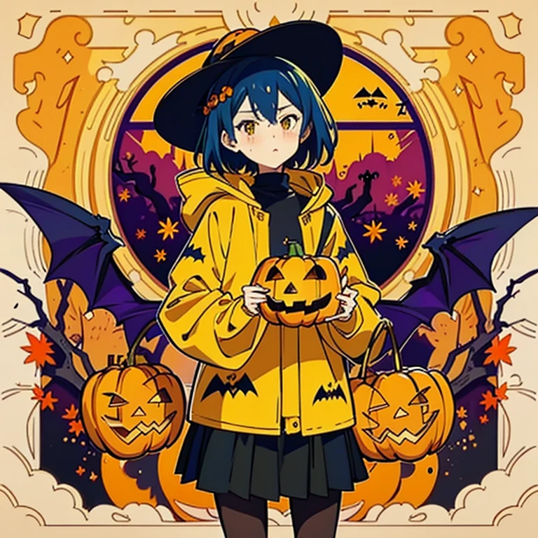 anime girl with a yellow raincoat, black sweater and black skirt holding a pumpkin, in a halloween style, halloween art style, trick or treat, 🍂 cute, anime style illustration, witch girl, halloween theme, anime visual of a cute girl, ❤🔥🍄🌪, bright witch, halloween celebration, cute anime style, anime style 4 k, halloween