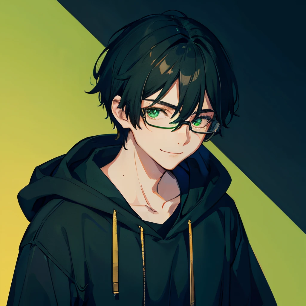 A boy in black-green hoodie, black hairs, wear glasses, a bit of smiling, green eyes