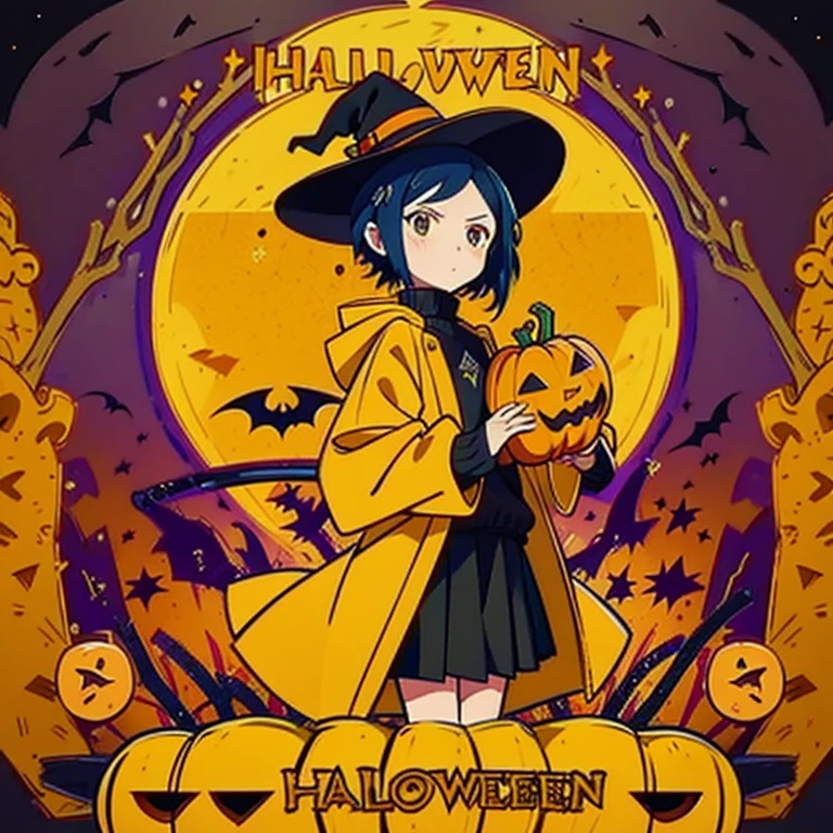 Coraline, Sticker, fan art sticker, anime girl with a yellow raincoat, black sweater and black skirt holding a pumpkin, in a halloween style, halloween art style, trick or treat, 🍂 cute, anime style illustration, witch girl, halloween theme, anime visual of a cute girl, ❤🔥🍄🎃, bright witch, halloween celebration, cute anime style, anime style 4 k, halloween