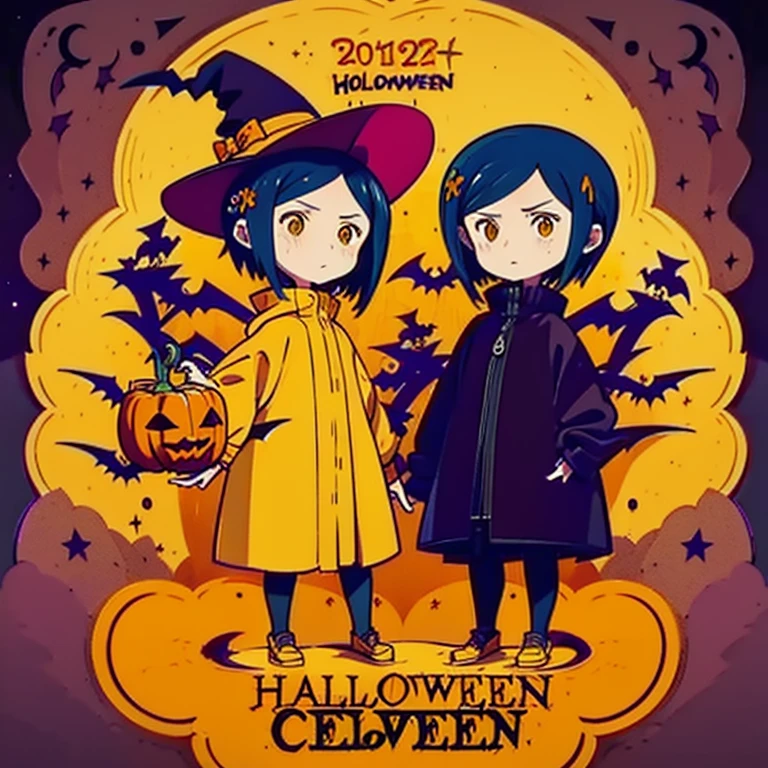 Coraline, Sticker, fan art sticker, anime girl with a yellow raincoat, black sweater and black skirt holding a pumpkin, in a halloween style, halloween art style, trick or treat, 🍂 cute, anime style illustration, witch girl, halloween theme, anime visual of a cute girl, ❤🔥🍄🎃, bright witch, halloween celebration, cute anime style, anime style 4 k, halloween