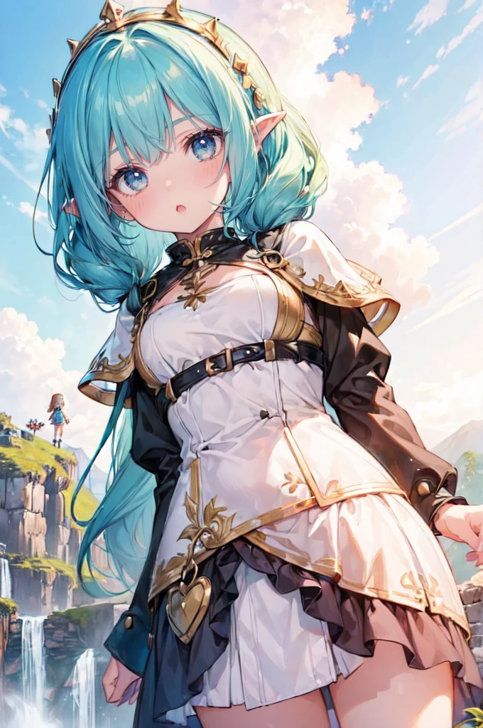 (2girls:1.8), (giantess:1.2), (minigirl:1.3), (height_difference:1.8), (size_difference:1.3), a giantess looking down at a minigirl on a hill, forest, cliffs, hills, mountains, a giantess, tall woman, elf, elfgirl, from below closeup, (underboob closeup), heart symbol, cute, (long hair:1.2), (tall), (miniature women: 1.4), armor, gambeson, knight, miniature woman on a hill, (rear_end:1.2), (multiple girls), tiny crowd of adventurers