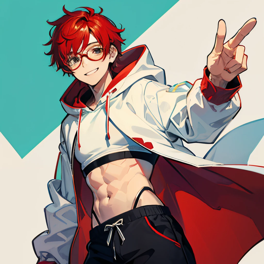 Anime guy with red hair and glasses pointing at something - SeaArt AI