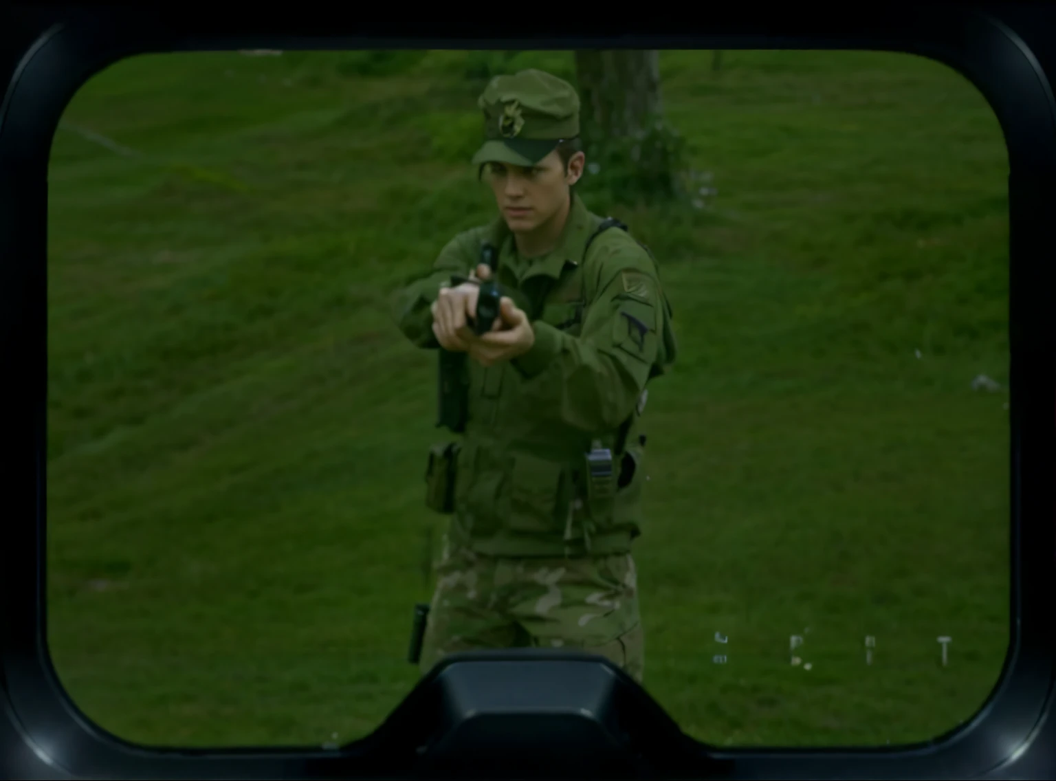 Assailant wearing military cap, wearing kevlar, holding glock 17 pistol from jack ryan movies with both hands, realistic gun, well defined gun, scouting the area