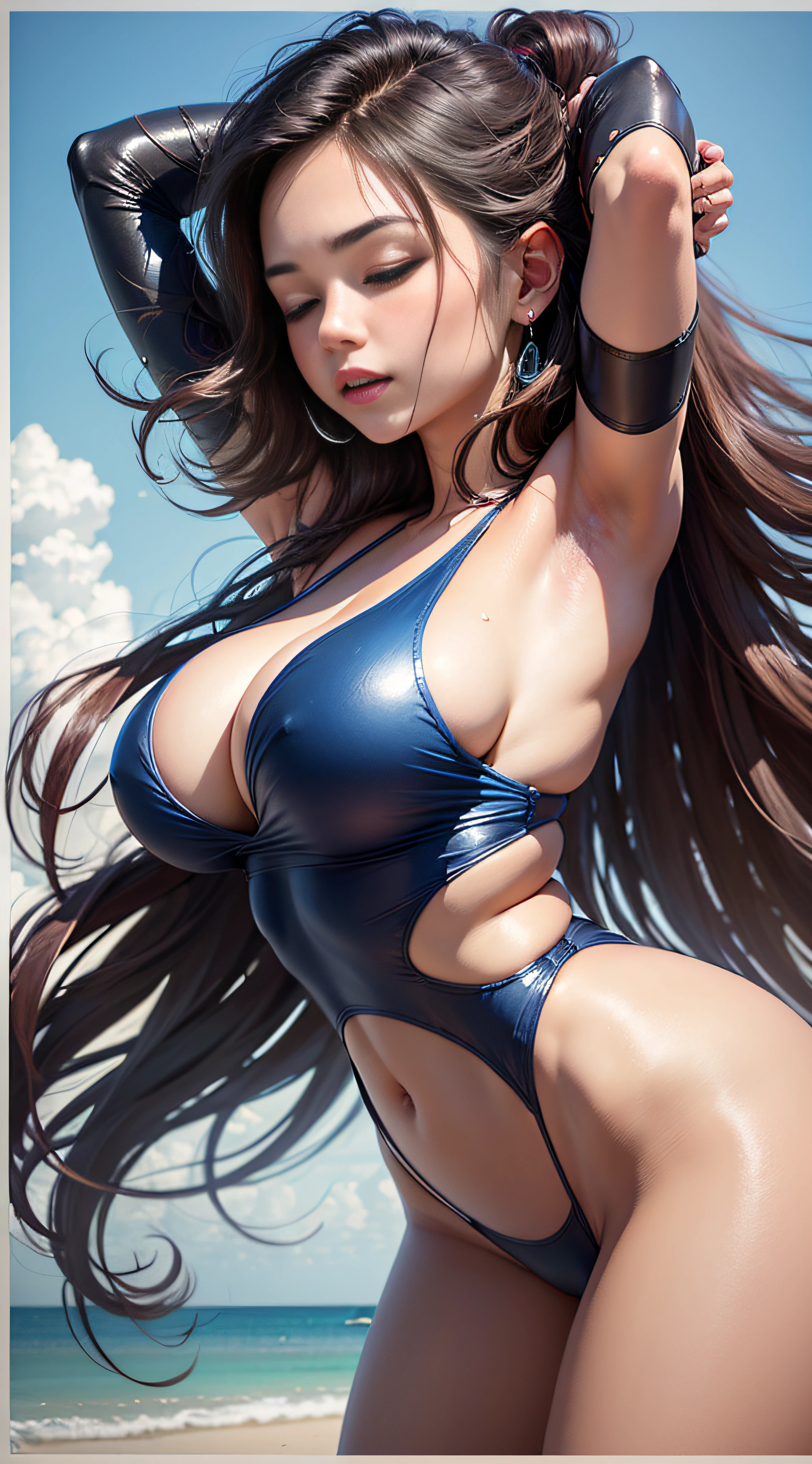 ((8k, HDR, Full body, entire figure, Beautiful European girl 25 years old, round face, closeup, slim body, intense blue electric eyes, detailed eyes, black hair, very long hair, Perfect proportions, gigantic , dynamic  pose, look at the camera)), ((Masterpiece, highest best quality, realistic photos, ultra-detailed, ultra-intricated)), (movie lighting, complex), Embrace the beauty of a radiant brunette with cascading chestnut waves and mesmerizing intense blue eyes. Picture her on a sun-kissed beach, donned in a vibrant one-piece swimsuit, raising her head towards the warm embrace of the sun, eyes closed in bliss. Surrounding her, people gaze in admiration at her stunning youthfulness. As her long, tousled hair dances in the cool summer breeze, capture the essence of this breathtaking moment."