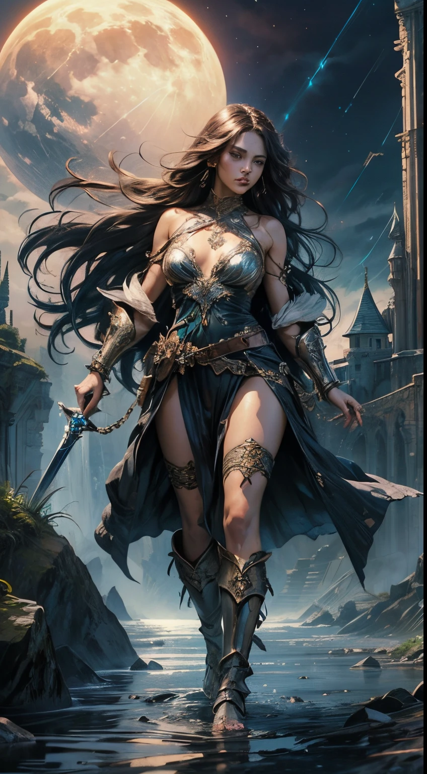 front view, (masterpiece), best quality, expressive eyes, perfect face, warrior woman, sword in left hand, half naked, steel bracelet, silver bracelet, bronze belt, exposed breasts, beautiful vagina, vagina with small soft hairs , woman with very long hair moved by the wind, night light, cloudy sky, dark clouds with lightning, mountain, castle embedded in the mountain rock, waterfall coming out of the castle, beautiful warrior goddess, fantasy, fog, skin wet with sweat, blushing and panting face, provocative look, sexy pose, full female body, oriental mandala tattoos, transparent dresses, skin wet with water, stormy sky, red storm clouds, floating antique clock, beautiful girl with a slight smile, waterfall, lamp, flashlight, no panties, mandala and flower tattoos on naked body, majestic, sense of depth, expressive eyes, perfect face, 8k, (Woman: 1.5), elegant and flexible (athletic build: 1.5), Emerald Eyes (Vibrant: 1.5), Brown Hair (Vibrant: 1.5), UHD, HDR, Cinematic Image, Intricate Details, Ultra Realism, Viridian Tones, Dystopian Palace, Luxurious Atmosphere, Ultra Detailed, Stunning Image, IMAX, Cinematic, Award-winning photography, complex, low aperture (F1.2), dramatic. lighting, cinematographic composition, professional, eroticism, medieval castle embedded in the mountain, night sky, full moon, 1 girl, 18 years old, (legs open), pink lips, well lit, pretty and aesthetic: 1,2), ( 1 girl), extremely detailed, (fractal art: 1.3), colorful, most detailed, beautiful goddess, Caucasian girl with shiny silver hair, full female body, viridian toned colors, metallic colors, enamel colors, long white hair, art style wlop, sakimichan art style, NSFW, run and dodge, fighting pose, beautiful woman warrior in combat, front view, girl seen from the front