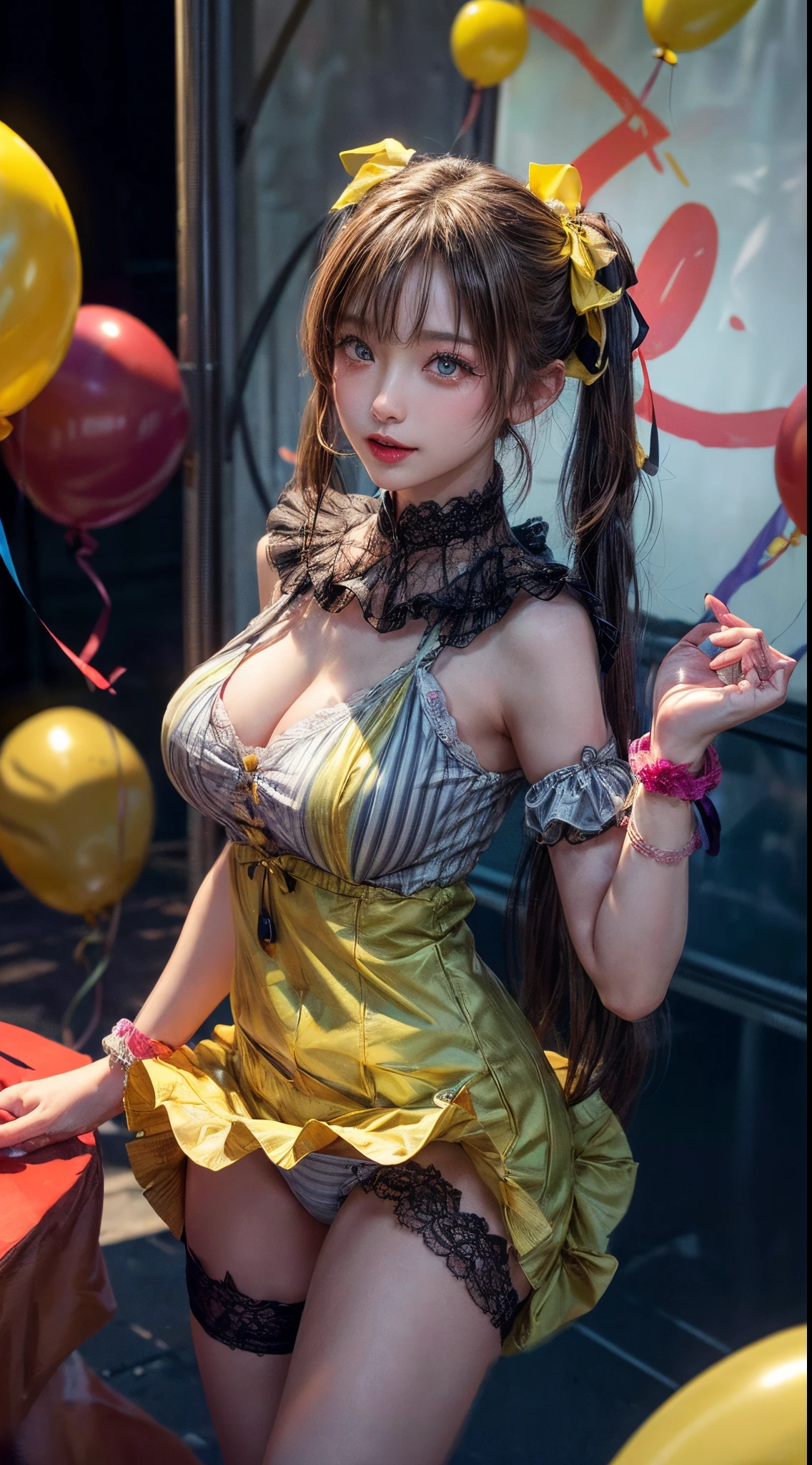 a very beautiful woman、A Japanese Lady、full body Esbian、sexy clown、((Circus Tent))、(Clown costume))、(((Detailed and colorful clown costume)))、(Colossal tits))、a miniskirt、((Delicate Photos)),(Girl Astepiece RAW photo details:1.25), (Best Quality:1.6), (超A high resolution:1.5), (Photorealistic:1.75), 8K resolution, Canon EOS R5, 50 millimeters, absurderes, ultra-detailliert,Cinematic lighting,(((Ribbon with bangs and fluffy big twin tails)))、(((Lots of bangles)))、((lots of ribbons))、skirt rift、Grabbing the skirt、((Lace white panties and yellow costume、lots of tape、((Teardrop Makeup))、Lots of balloons、