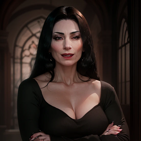 alta calidad, High detail, Ultra realismo. Morticia from the series Wednesday..... As close to the image as possible....., Mature woman about 45 years old...... Ojos delineados de negro y lavios pintados de color negro, cabello lacio y largo, hair behind his back, sonrisa seductora.