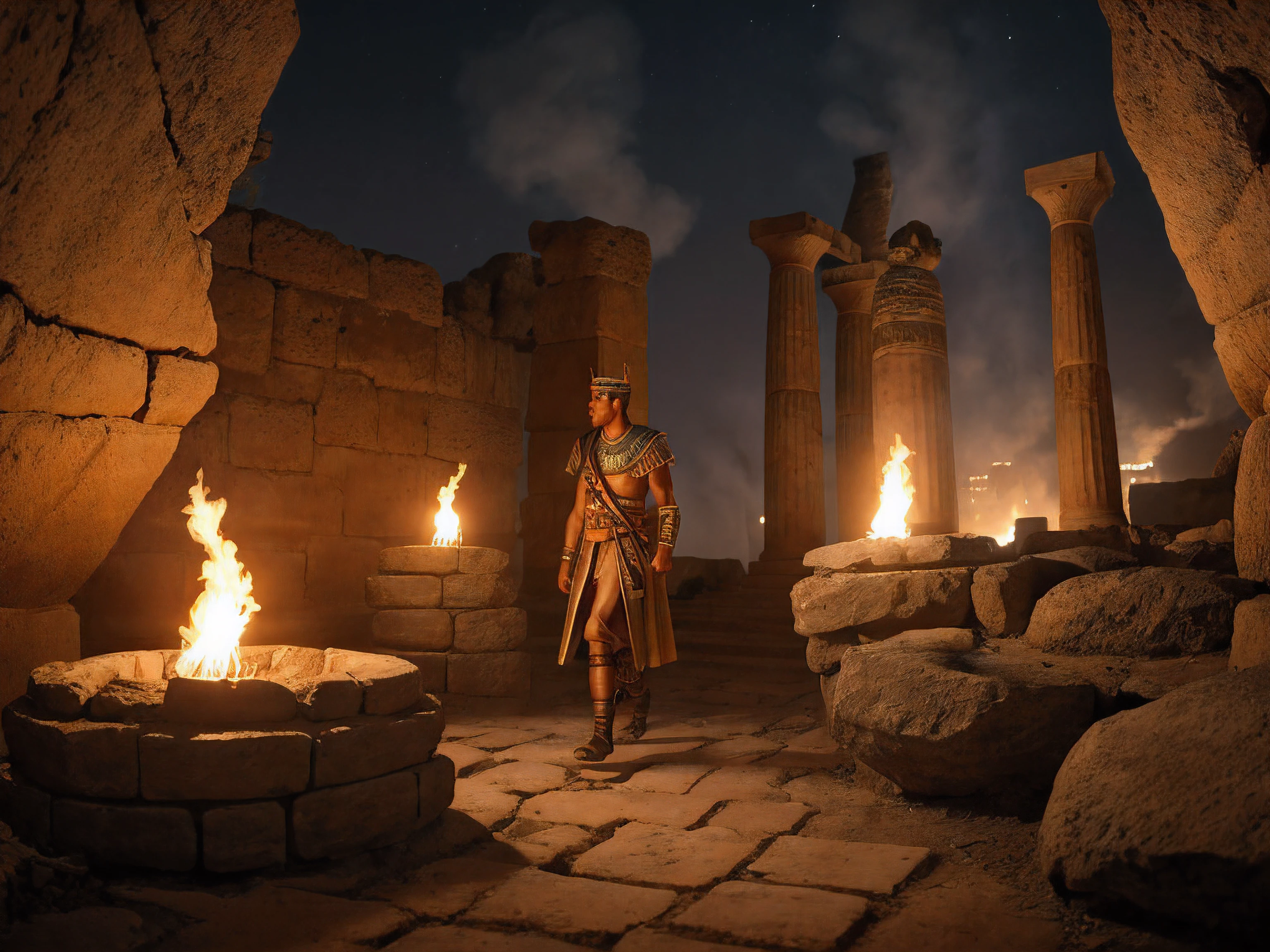 we are in the underground Labyrinth of the Minotaur, stylistics of ancient Greece and ancient Egypt (50%-50%), twilight,8K ,真实感,smoke from lonely torches, old stones,