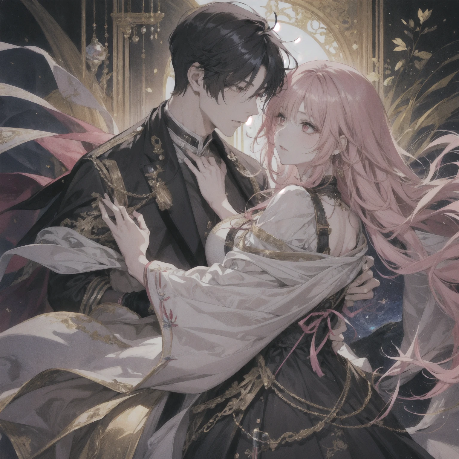 Couple, 1female, 1male, 1male black hair, 1male gold highlights, 1male gold eyes, medieval, 1male messy hair,1female pink hair, 1 female pink hair, 1female red eyes, 1female shy,caring, 1male caring, protective